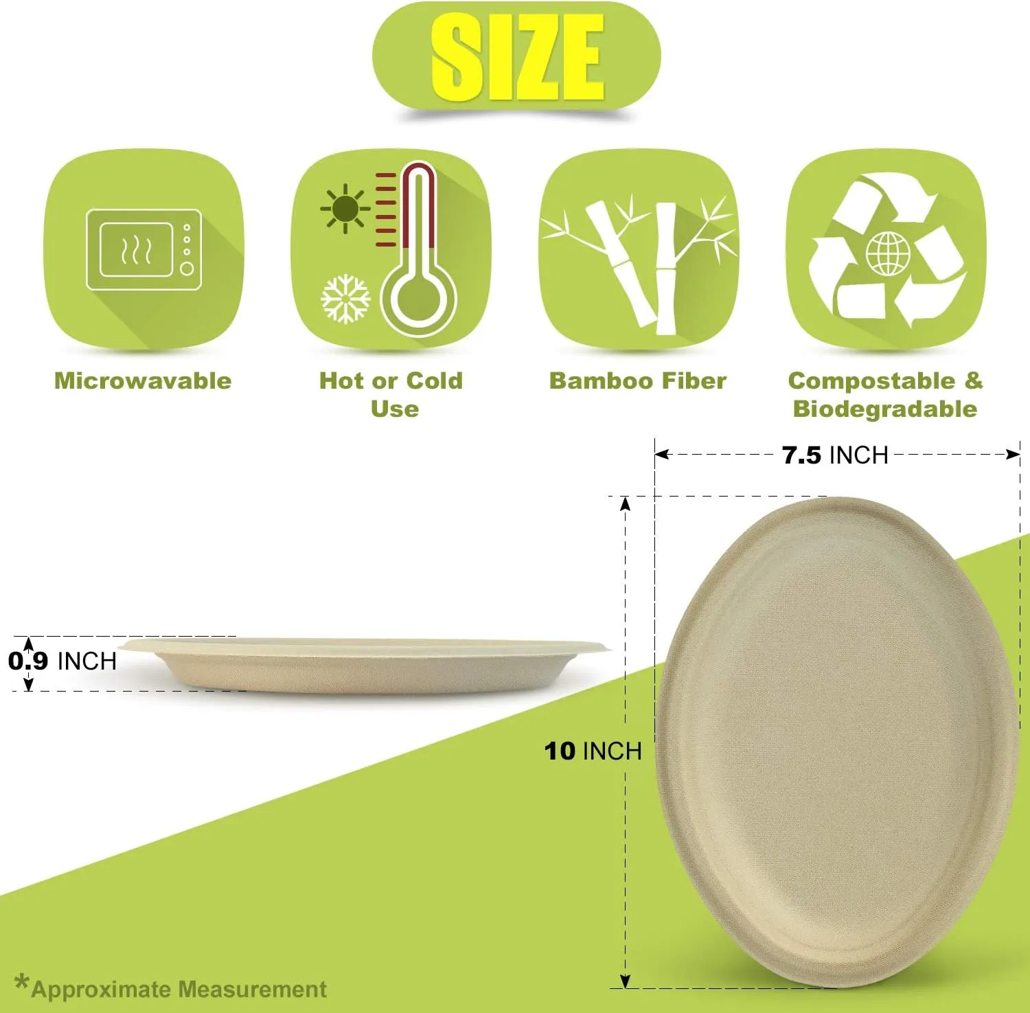 Green Earth, 10-Inch, 125-Count, Compostable Plates, Natural Bamboo Fibers, Everyday Tableware - Biodegradable ââ‚¬â€œ Disposable Oval Shape Microwave-Safe Gluten-Free Eco-Friendly