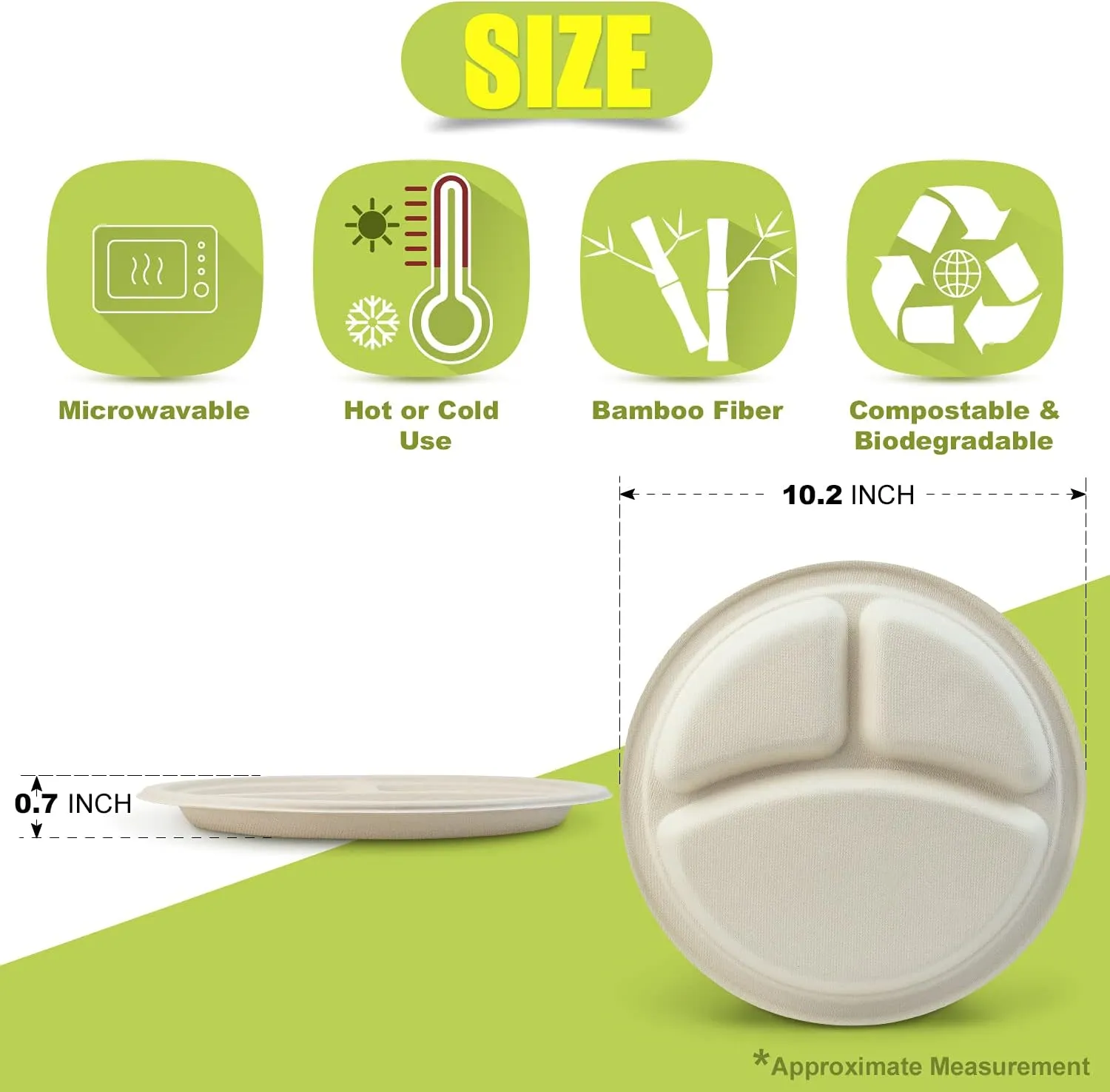 Green Earth, 10-Inch, 500-Count, 3-Compartment Compostable Plates, Natural Bamboo Fibers, Everyday Tableware - Biodegradable - Disposable Round Shape