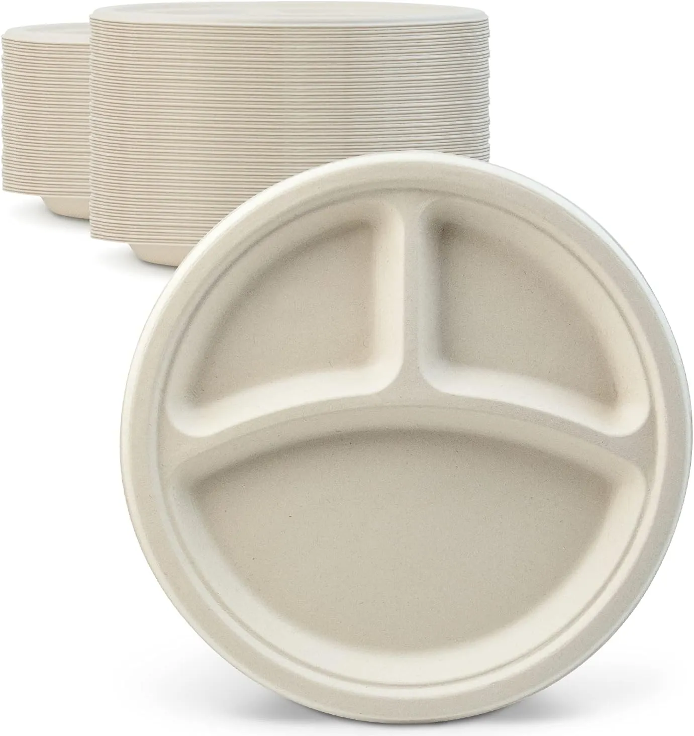 Green Earth, 10-Inch, 500-Count, 3-Compartment Compostable Plates, Natural Bamboo Fibers, Everyday Tableware - Biodegradable - Disposable Round Shape