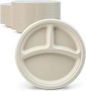 Green Earth, 10-Inch, 500-Count, 3-Compartment Compostable Plates, Natural Bamboo Fibers, Everyday Tableware - Biodegradable - Disposable Round Shape