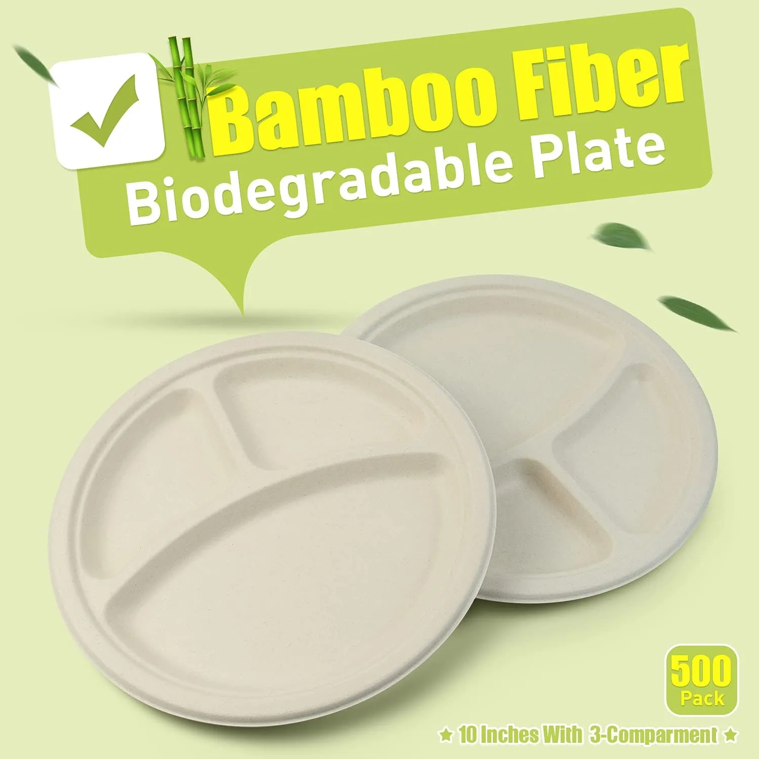 Green Earth, 10-Inch, 500-Count, 3-Compartment Compostable Plates, Natural Bamboo Fibers, Everyday Tableware - Biodegradable - Disposable Round Shape