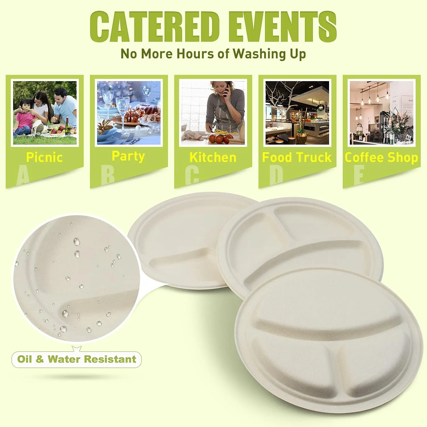 Green Earth, 10-Inch, 500-Count, 3-Compartment Compostable Plates, Natural Bamboo Fibers, Everyday Tableware - Biodegradable - Disposable Round Shape