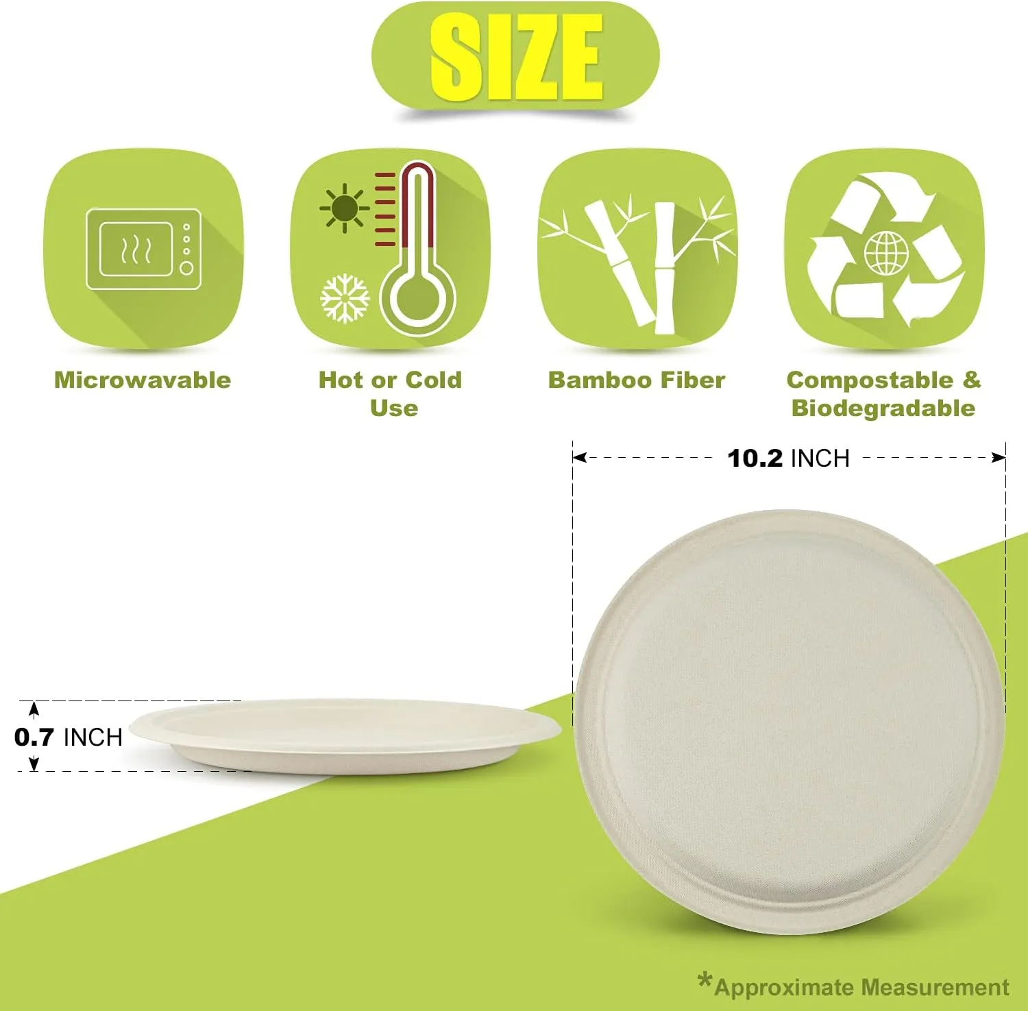 Green Earth, 10-Inch, 500-Count, Compostable Plates, Natural Bamboo Fibers, Everyday Tableware - Biodegradable Disposable Round Shape Microwave-Safe Gluten-Free Eco-Friendly