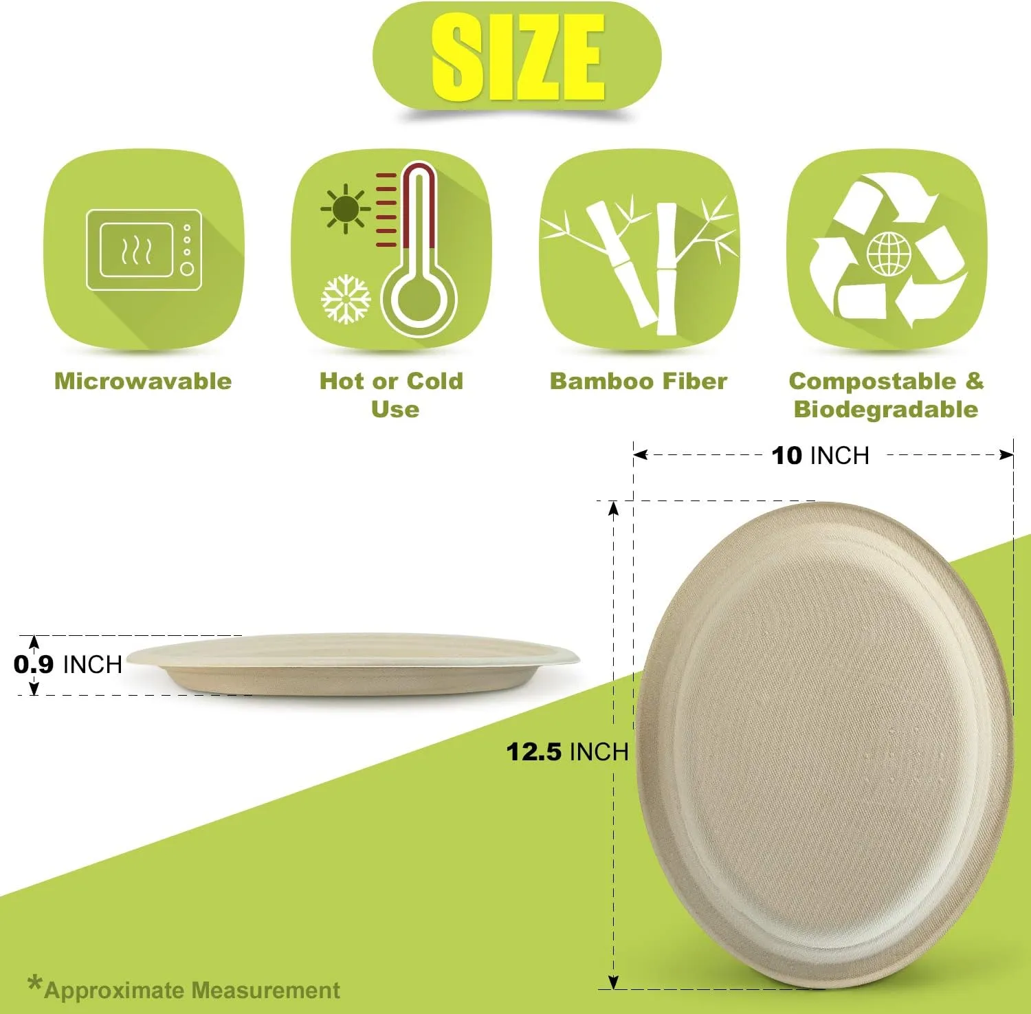 Green Earth, 12-Inch, 125-Count, Compostable Plates, Natural Bamboo Fibers, Everyday Tableware - Biodegradable ââ‚¬â€œ Disposable Oval Shape Microwave-Safe Gluten-Free Eco-Friendly