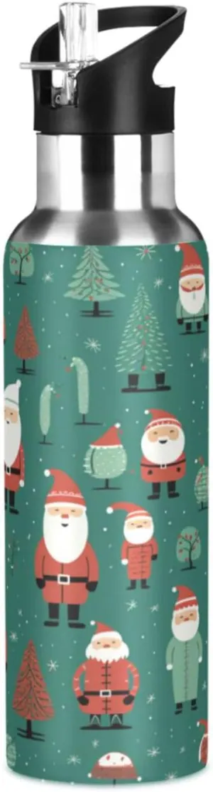 Green Santa Clauses Art Sport Water Bottle Insulated Stainless Steel Large Vacuum Flask Leak Proof Thermos with Straw for Travel(600ml/1000ml)