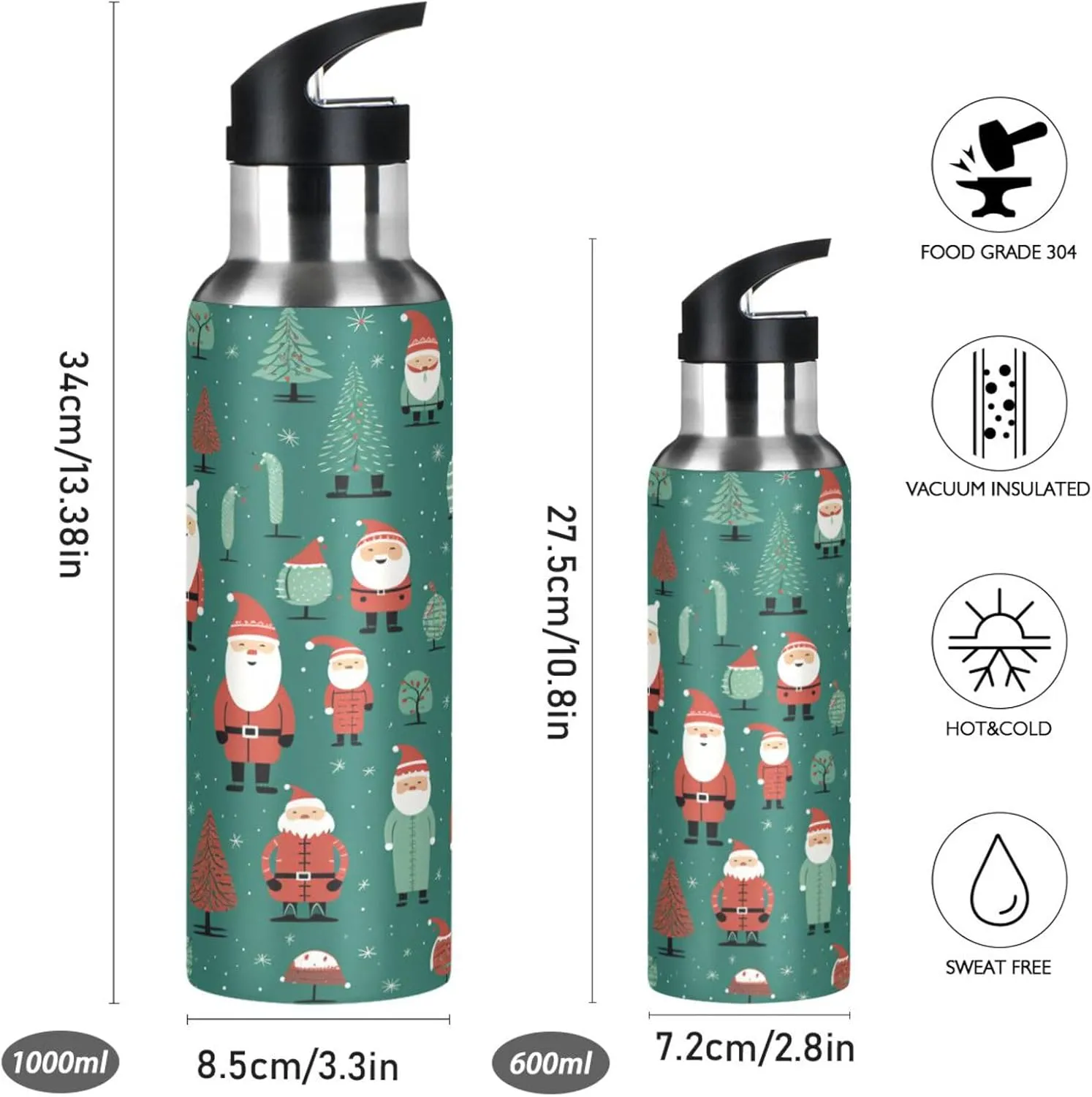 Green Santa Clauses Art Sport Water Bottle Insulated Stainless Steel Large Vacuum Flask Leak Proof Thermos with Straw for Travel(600ml/1000ml)