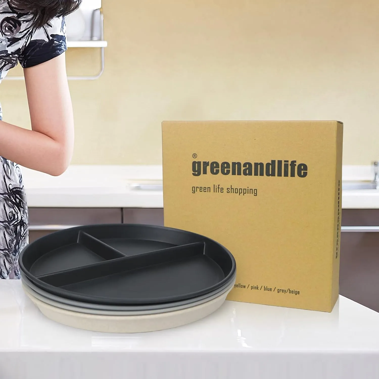 greenandlife 10 Inch 4PCS Unbreakable Portion Control Plates, Divided Plates for Kids Adults, Dishwasher & Microwave Safe Compartment Plate, Lightweight Reusable Wheat Straw plate, BPA Free
