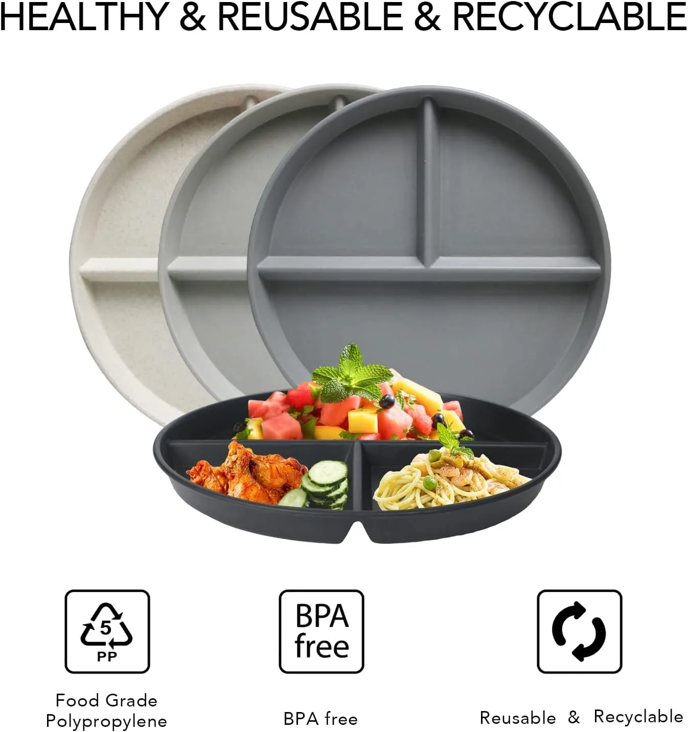 greenandlife 10 Inch 4PCS Unbreakable Portion Control Plates, Divided Plates for Kids Adults, Dishwasher & Microwave Safe Compartment Plate, Lightweight Reusable Wheat Straw plate, BPA Free