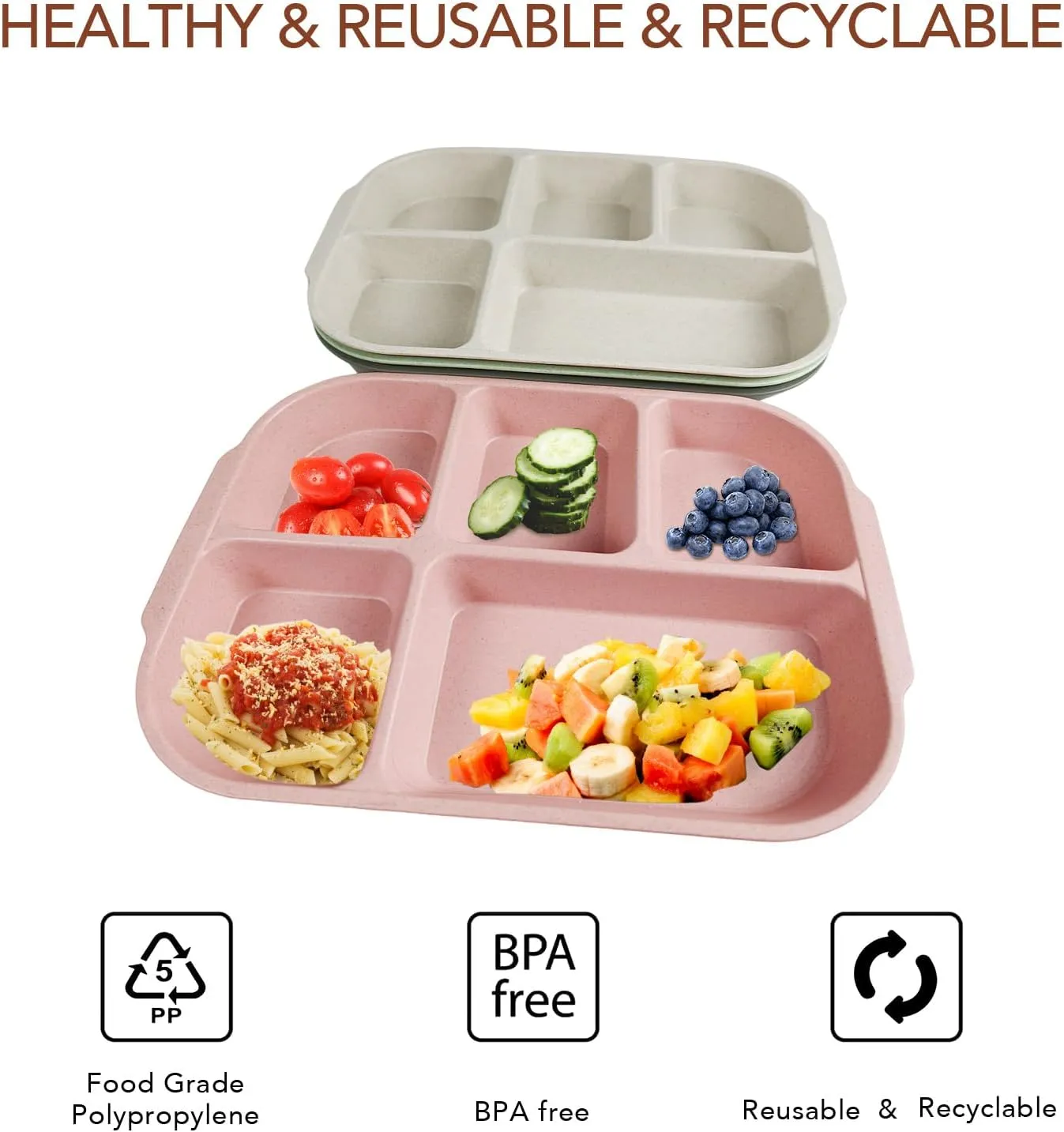 greenandlife 10.8 Inch 4PCS Divided Plates for Kids Adults, Portion Control Plates, Dishwasher & Microwave Safe Compartment Plate, Unbreakable Lightweight Reusable Wheat Straw Plates, INS