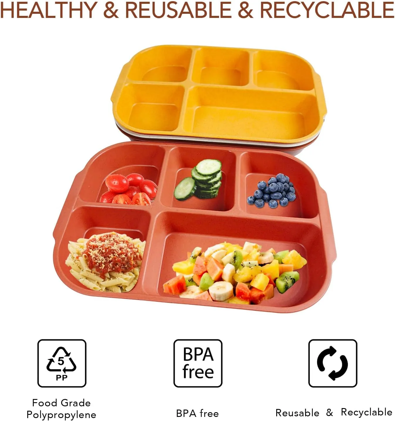 greenandlife 10.8 Inch 4PCS Divided Plates for Kids Adults, Portion Control Plates, Dishwasher & Microwave Safe Compartment Plate, Unbreakable Lightweight Reusable Wheat Straw Plates, Sunset