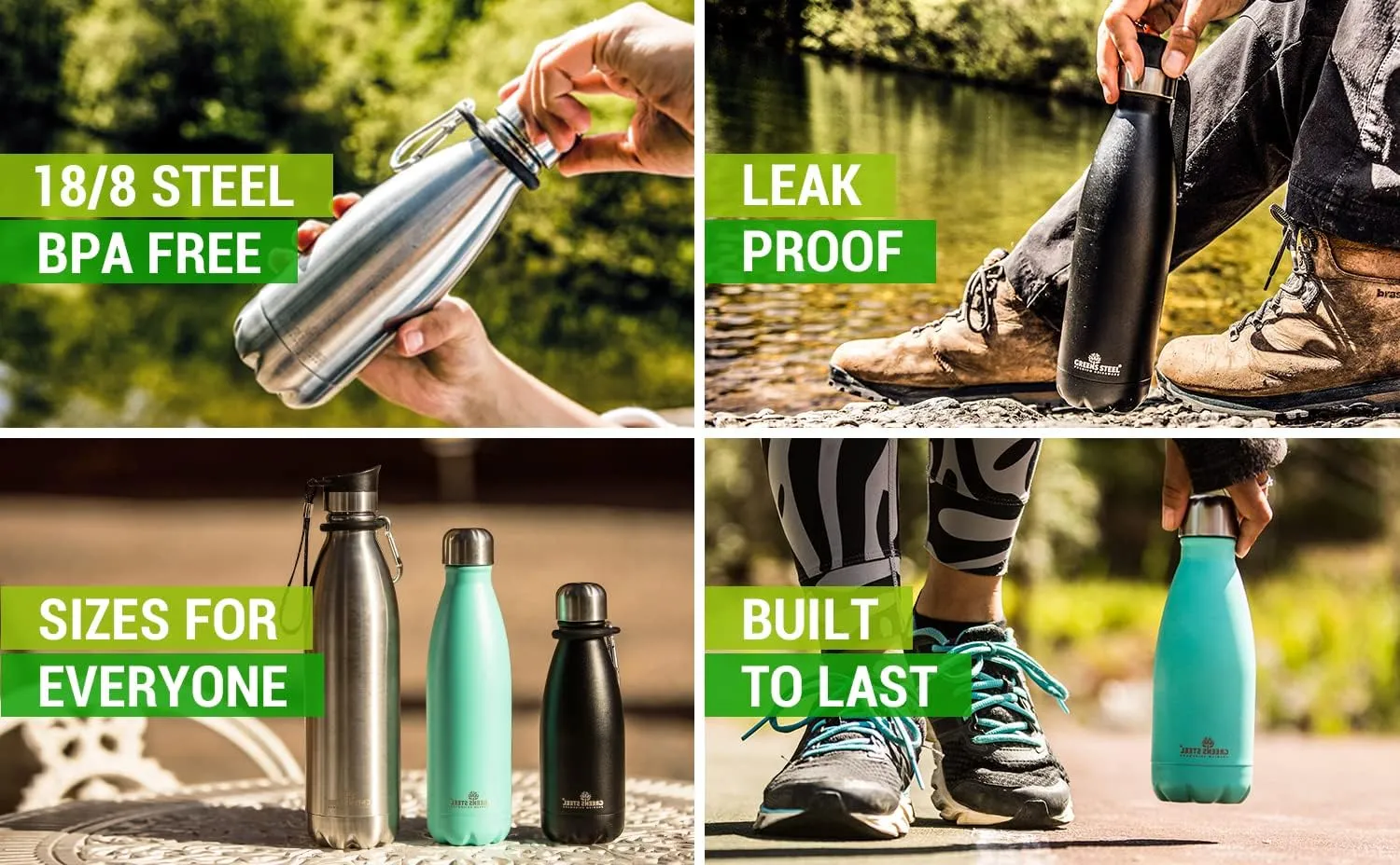 Greens Steel Stainless Steel Water Bottle - 17 oz, Steel | Vacuum Insulated Double Wall with Screw Lid/Leak Proof | Thermal Travel Sports Canteen Coffee Flask