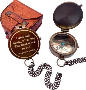 Grow Old Along with Me Brass Compass | Engraved Robert Browning Quote | Vintage Compass with Leather Case | Romantic for Him or Her