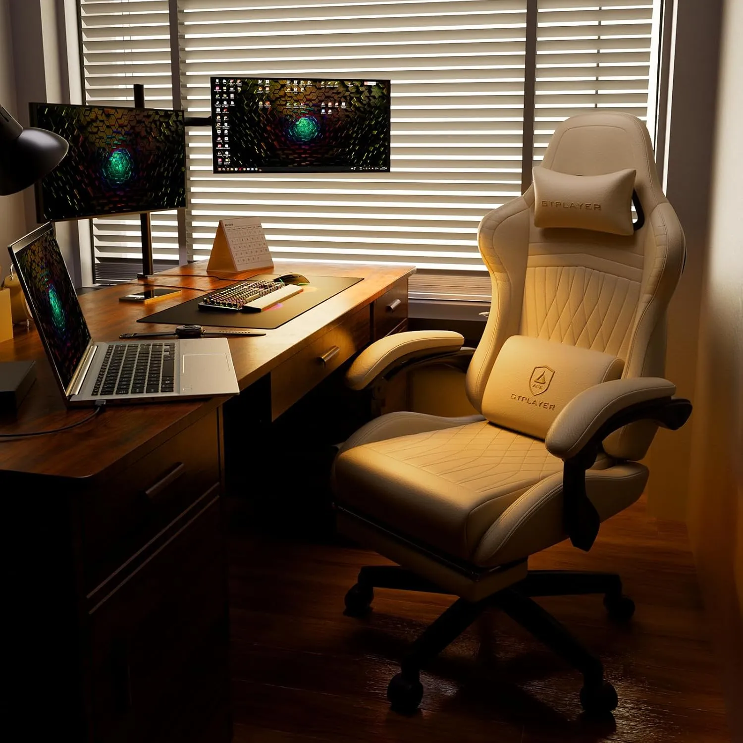 GTPLAYER Gaming Chair with Speakers, Video Game Chairs with Footrest, PC Gamer Chairs for Adults - Padded High Back Ergonomic Reclining Silla Gamer, Linkage Armrest, Ace Pro, Ivory New