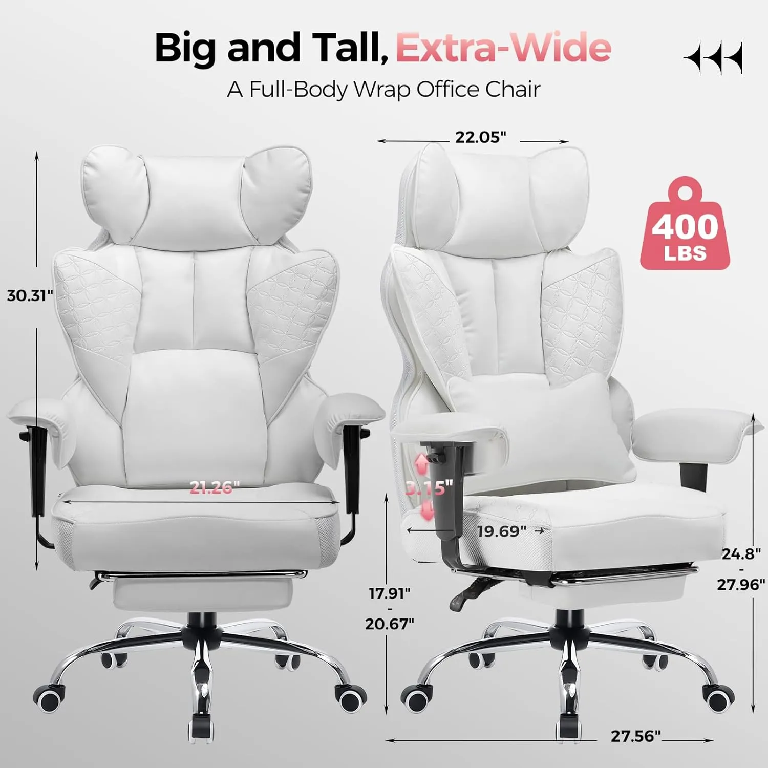 GTRACING Big and Tall Gaming Chair 400lbs Heavy Duty Office Chair with Foot Rest & Ergonomic Pocket Spring Lumbar Support, High Back 3D Saddle Shaped Cushion for Back Pain Relief, White