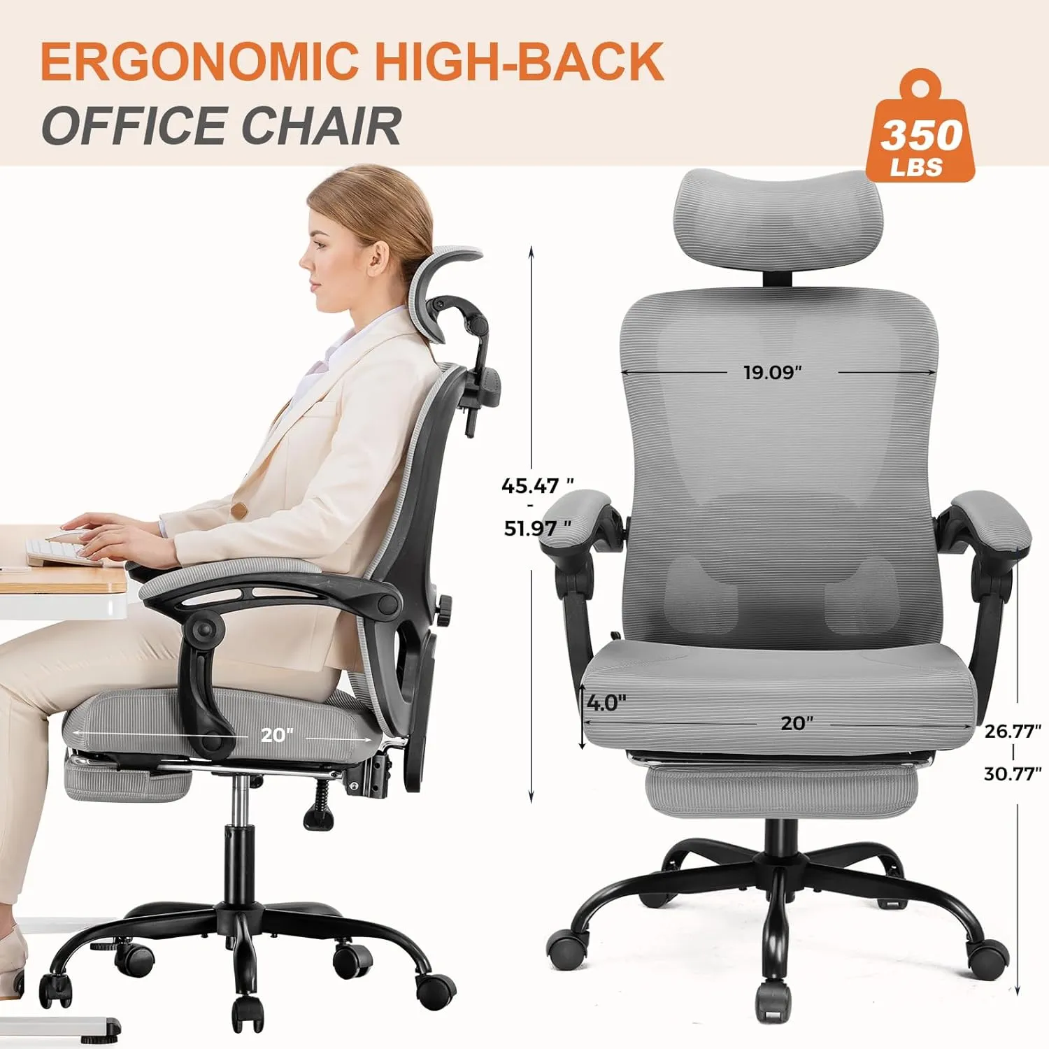 GTRACING Ergonomic High-Back Office Chair with Strong Adjustable Lumbar Support Breathable Mesh Gaming Chair with Wide Seat Footrest Sturdy Computer Desk Chair with SGS Certified Class 3 Gas Cylinder