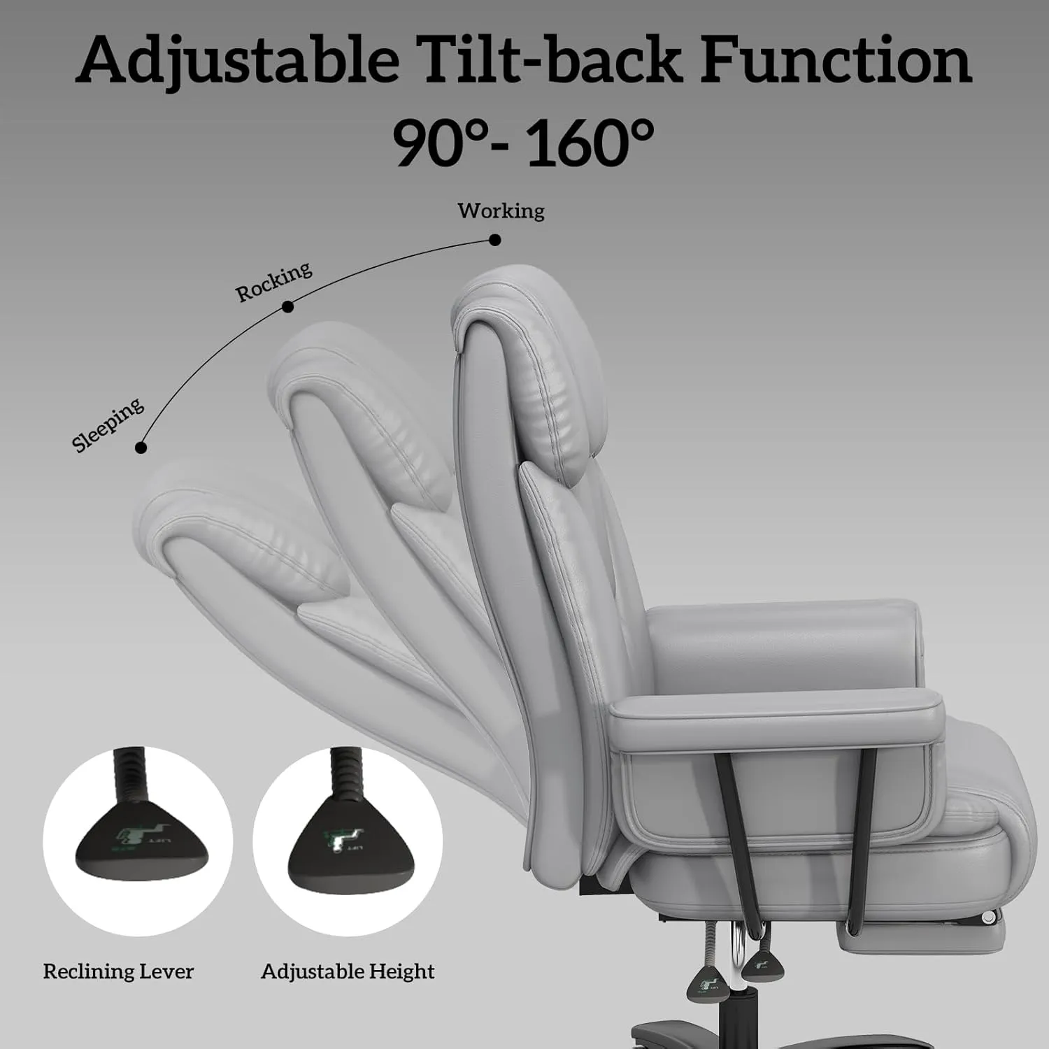 GYI Big and Tall Office Chair 400LBS, 160° High Back Reclining Office Desk Chair with Wide Seat, Arms, Footrest, Grey