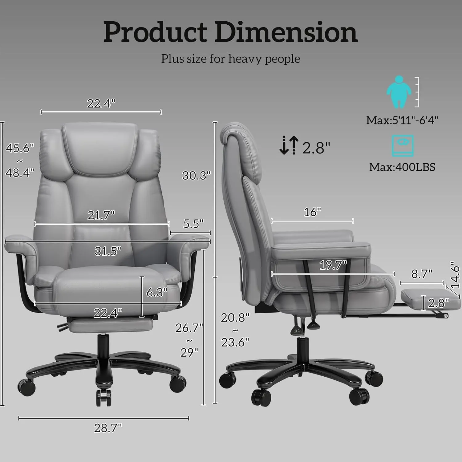 GYI Big and Tall Office Chair 400LBS, 160° High Back Reclining Office Desk Chair with Wide Seat, Arms, Footrest, Grey