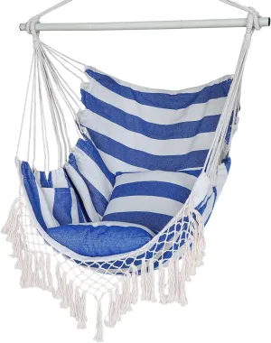 Hammock Chair, Hanging Rope Swing Seat with 2 Cushions,Macrame Hanging Chair Side Pocket with High Load-Bearing Metal Rod,for Indoor, Outdoor, Extra Comfortable
