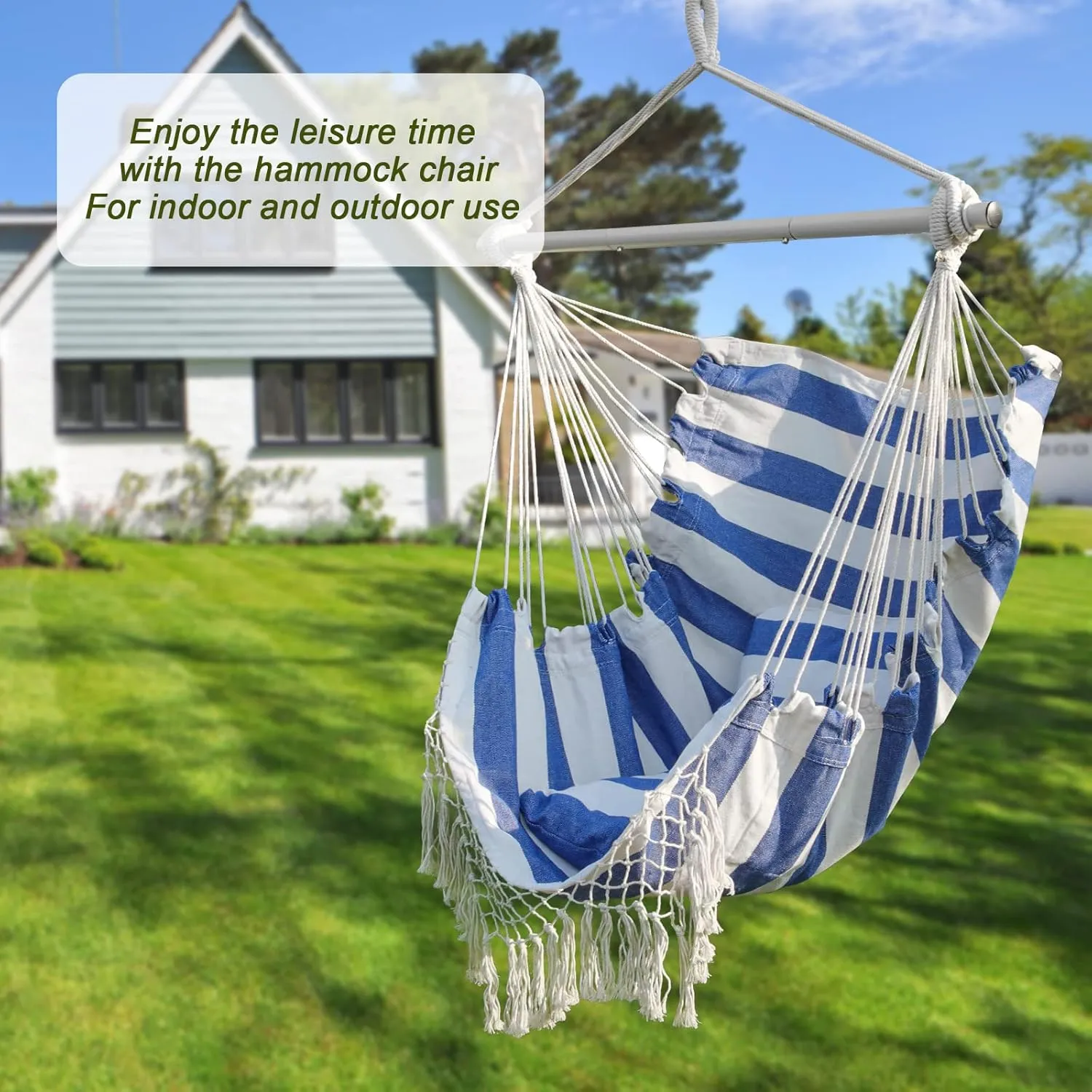 Hammock Chair, Hanging Rope Swing Seat with 2 Cushions,Macrame Hanging Chair Side Pocket with High Load-Bearing Metal Rod,for Indoor, Outdoor, Extra Comfortable