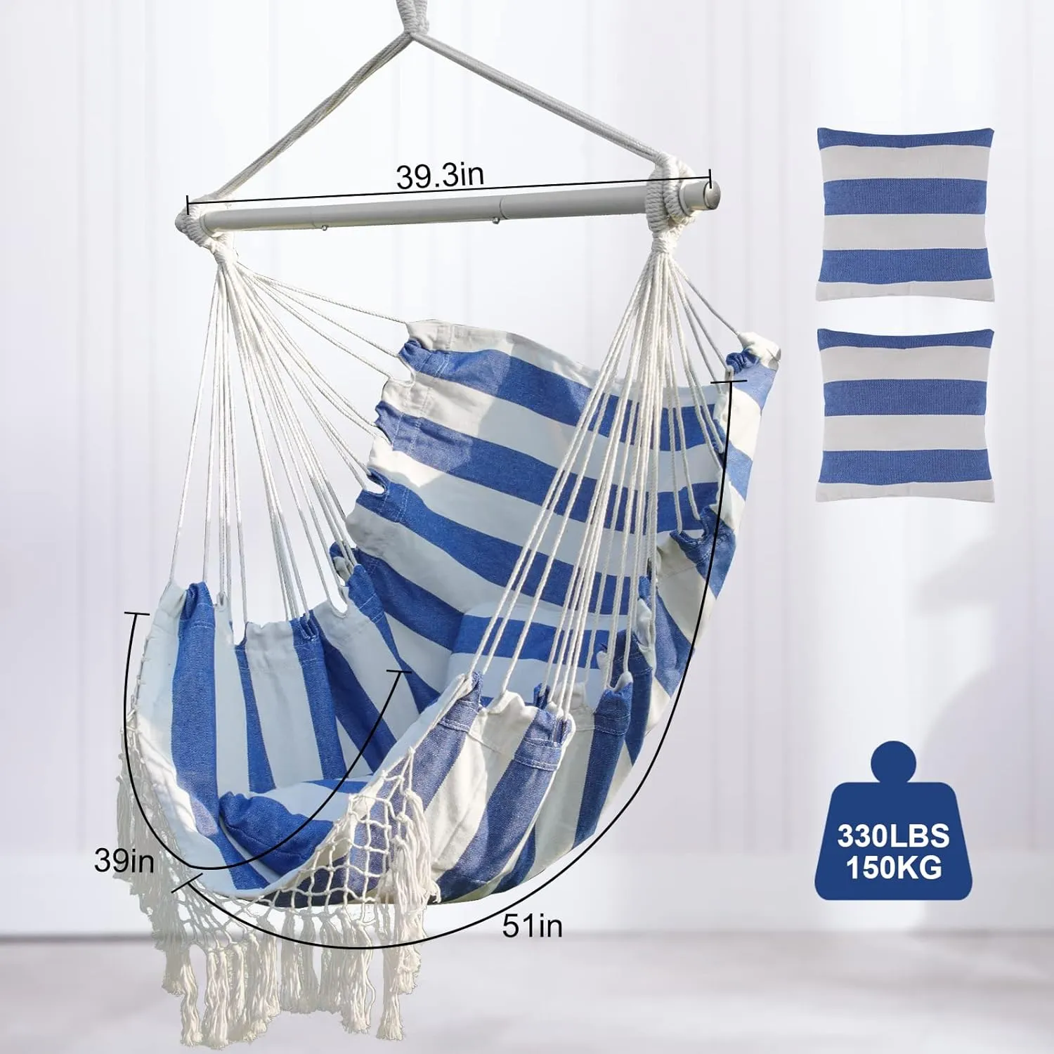 Hammock Chair, Hanging Rope Swing Seat with 2 Cushions,Macrame Hanging Chair Side Pocket with High Load-Bearing Metal Rod,for Indoor, Outdoor, Extra Comfortable