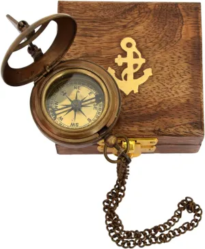 Handmade Vintage Brass Sundial 2 INCH Navigational Push Button Compass with Wooden Box, Antique Steampunk Decor, Sun Clock, Unique Best Gift for Men, Women, Him, Her, (Brown)