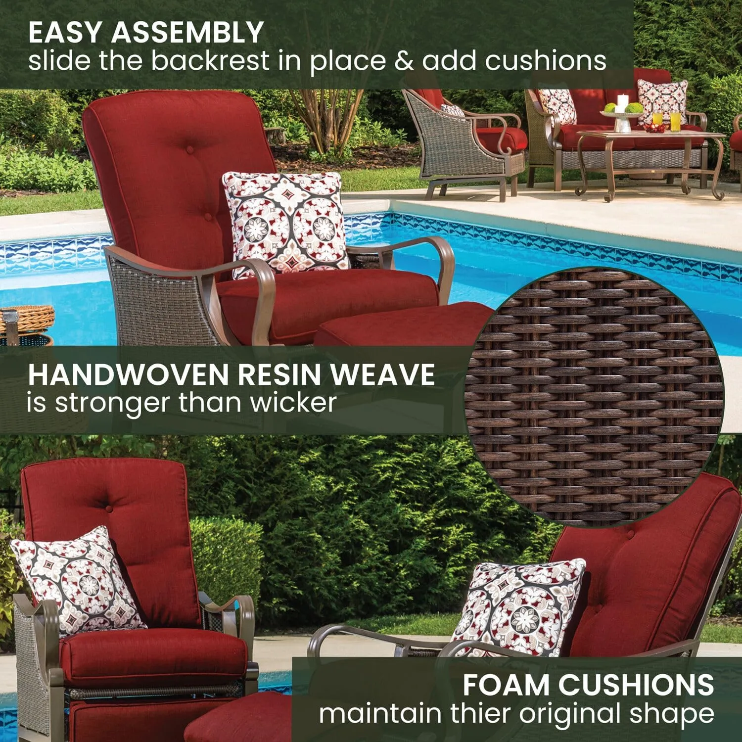 Hanover Ventura Brown Wicker Outdoor Recliner Chair with Cushions and Accent Pillow, Luxury All-Weather Outdoor Patio Recliner Chair with Rust Resistant Steel Frames for Deck, Backyard, Pool Side
