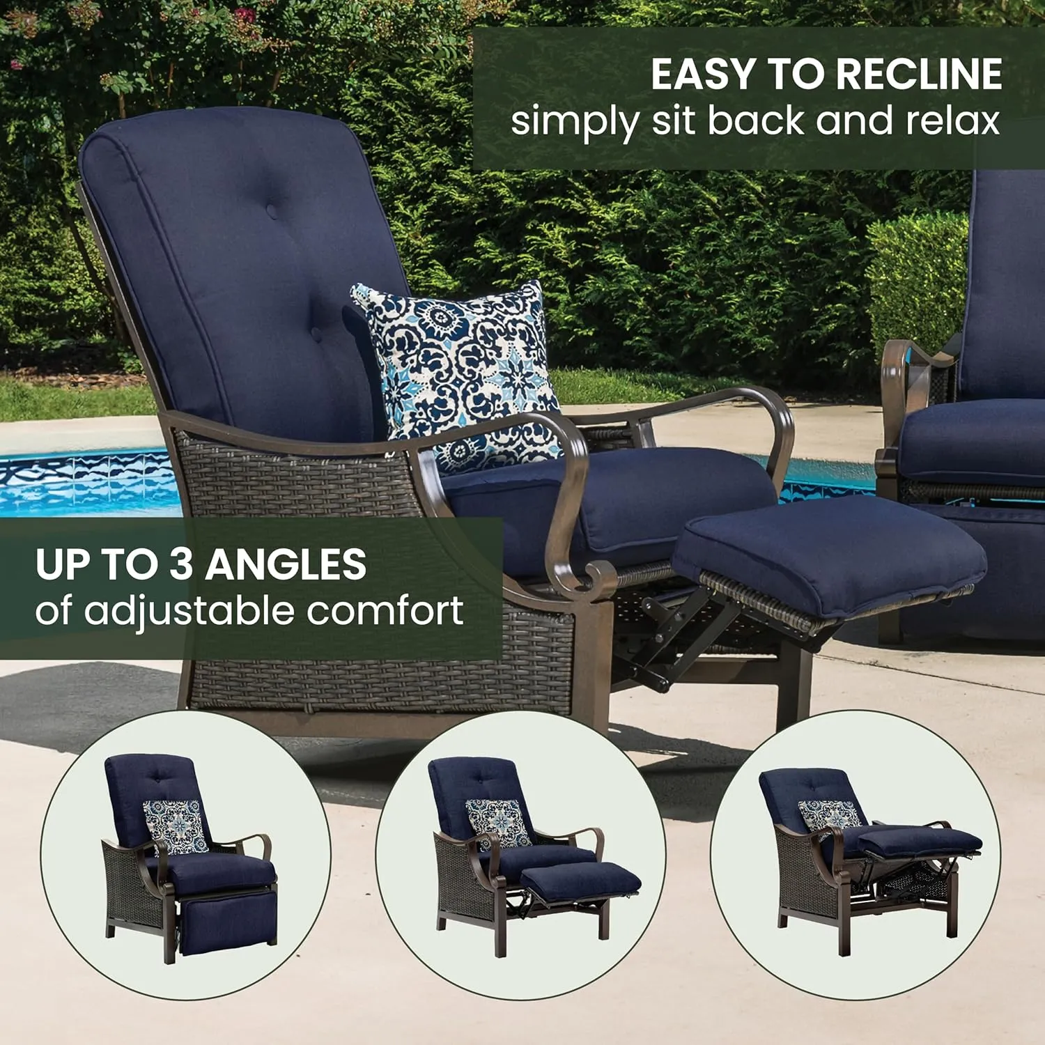 Hanover Ventura Brown Wicker Outdoor Recliner Chair with Cushions and Accent Pillow, Luxury All-Weather Outdoor Patio Recliner Chair with Rust Resistant Steel Frames for Deck, Backyard, Pool Side
