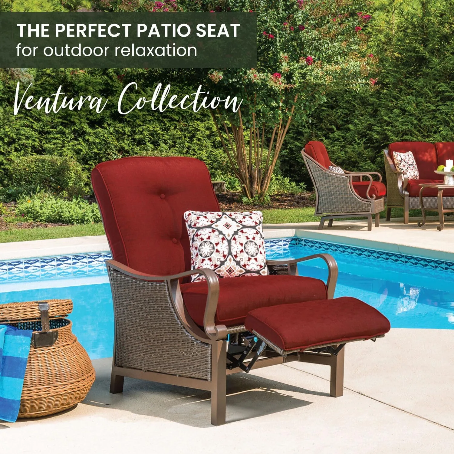 Hanover Ventura Brown Wicker Outdoor Recliner Chair with Cushions and Accent Pillow, Luxury All-Weather Outdoor Patio Recliner Chair with Rust Resistant Steel Frames for Deck, Backyard, Pool Side