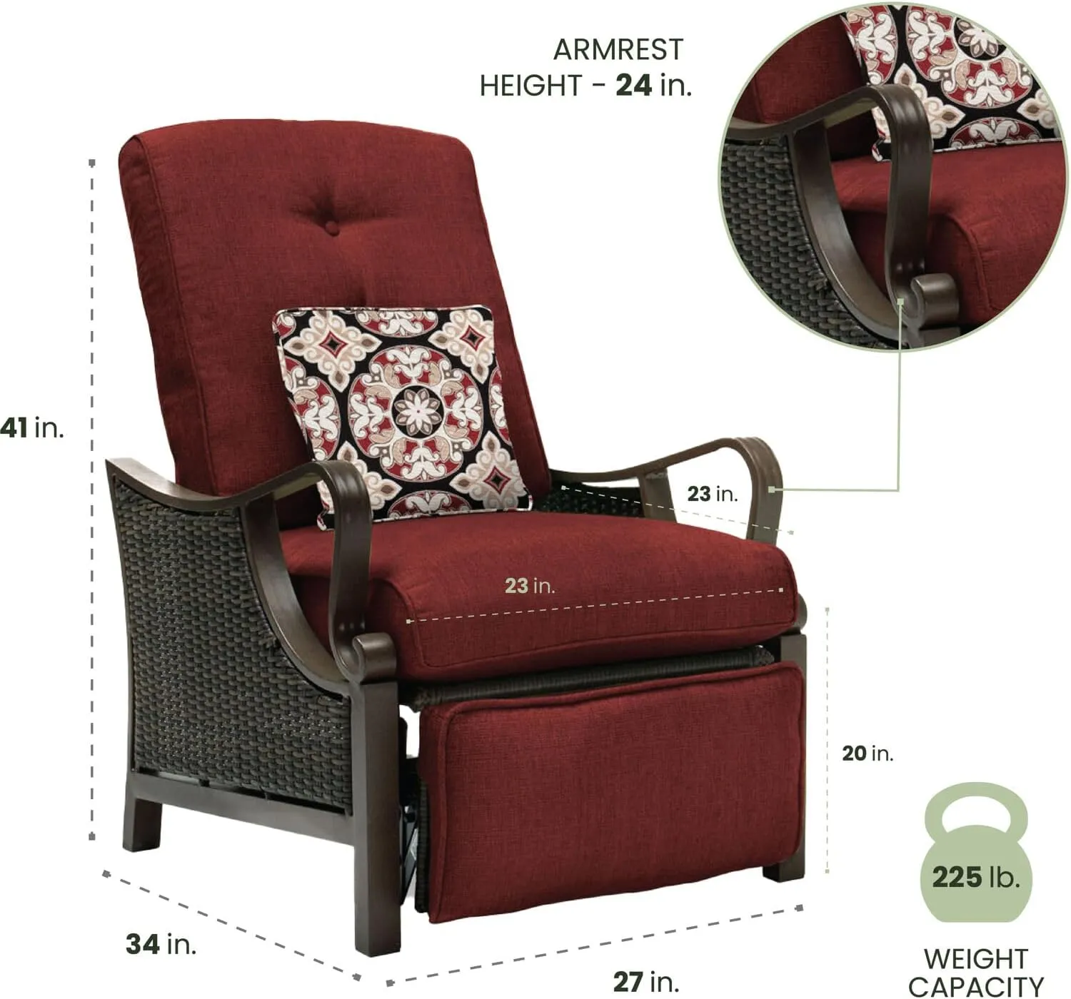 Hanover Ventura Brown Wicker Outdoor Recliner Chair with Cushions and Accent Pillow, Luxury All-Weather Outdoor Patio Recliner Chair with Rust Resistant Steel Frames for Deck, Backyard, Pool Side