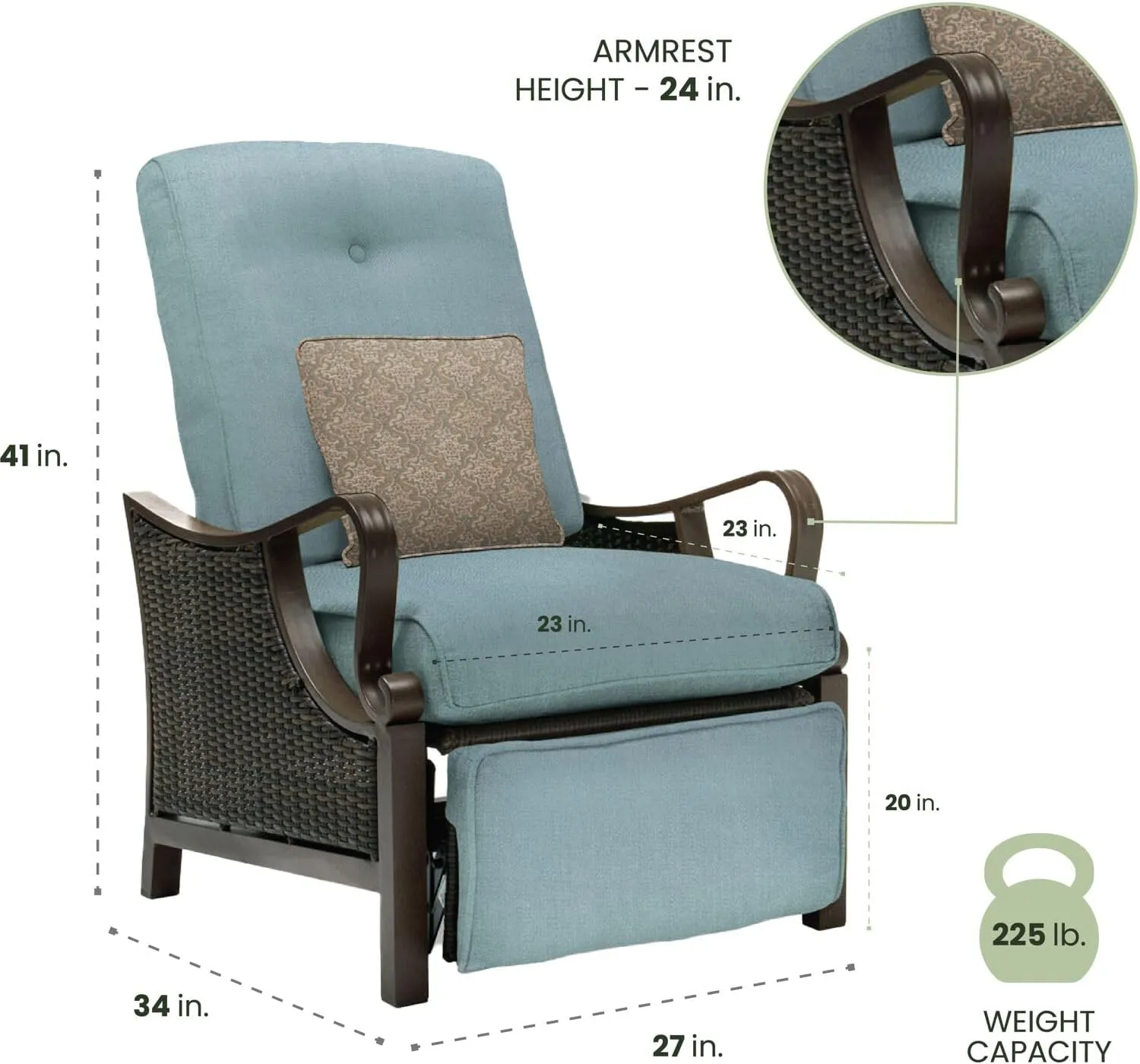 Hanover Ventura Brown Wicker Outdoor Recliner Chair with Cushions and Accent Pillow, Luxury All-Weather Outdoor Patio Recliner Chair with Rust Resistant Steel Frames for Deck, Backyard, Pool Side