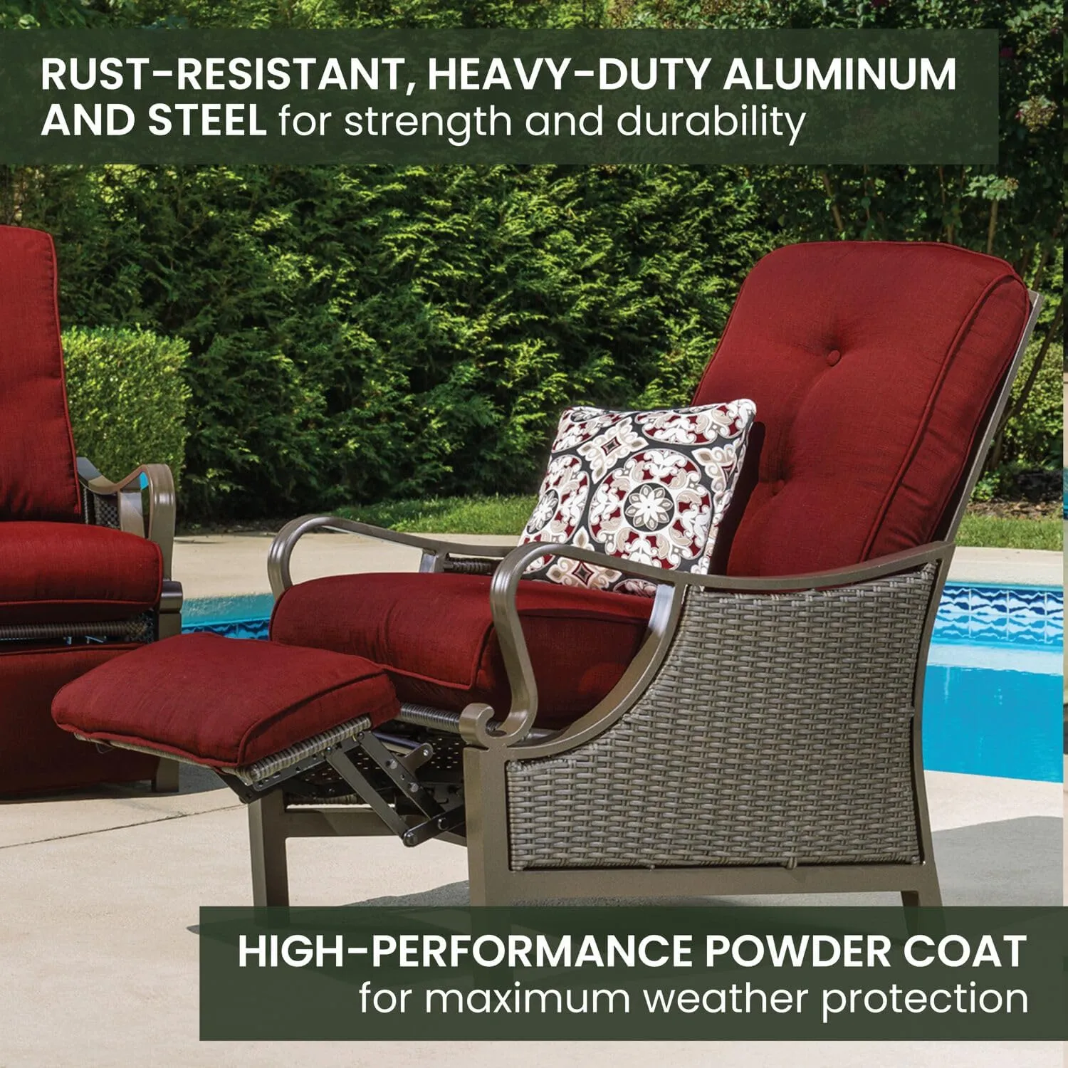 Hanover Ventura Brown Wicker Outdoor Recliner Chair with Cushions and Accent Pillow, Luxury All-Weather Outdoor Patio Recliner Chair with Rust Resistant Steel Frames for Deck, Backyard, Pool Side