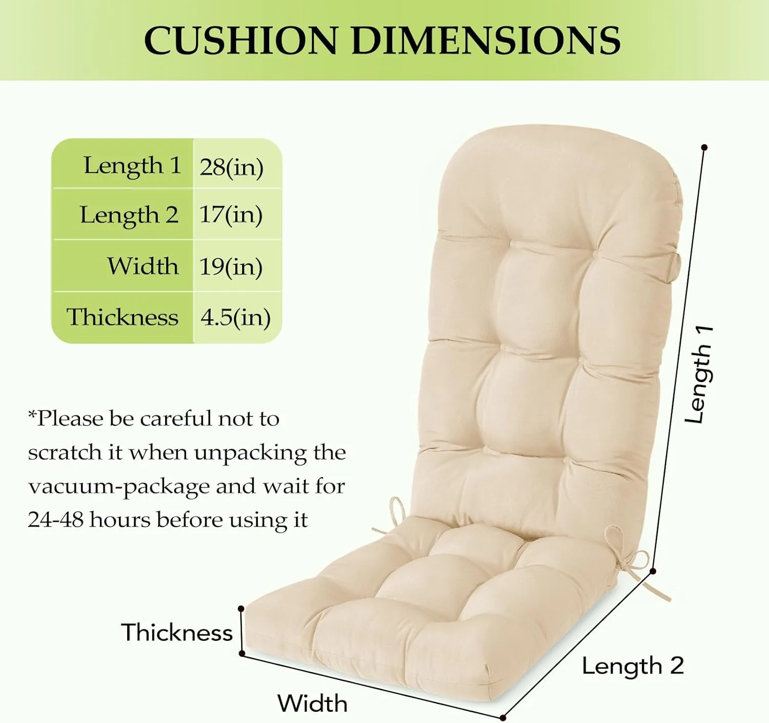 HARBOREST Indoor/Outdoor Adirondack Chair Cushion, Tufted High Back Outdoor Chair Cushions, High Rebound Foam Adirondack Cushions with Non-Skid Ties, 45"x19"x4.5", Beige