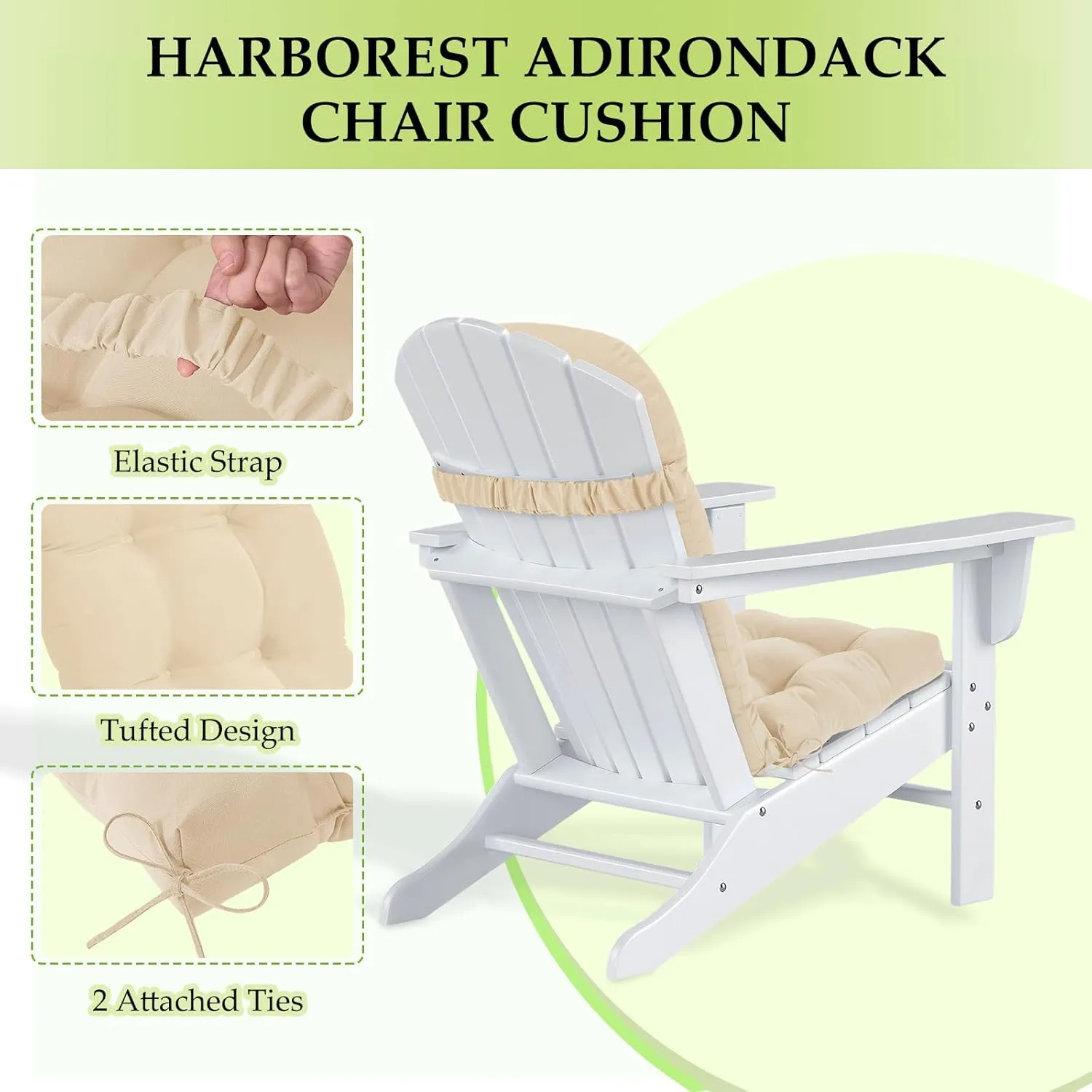 HARBOREST Indoor/Outdoor Adirondack Chair Cushion, Tufted High Back Outdoor Chair Cushions, High Rebound Foam Adirondack Cushions with Non-Skid Ties, 45"x19"x4.5", Beige