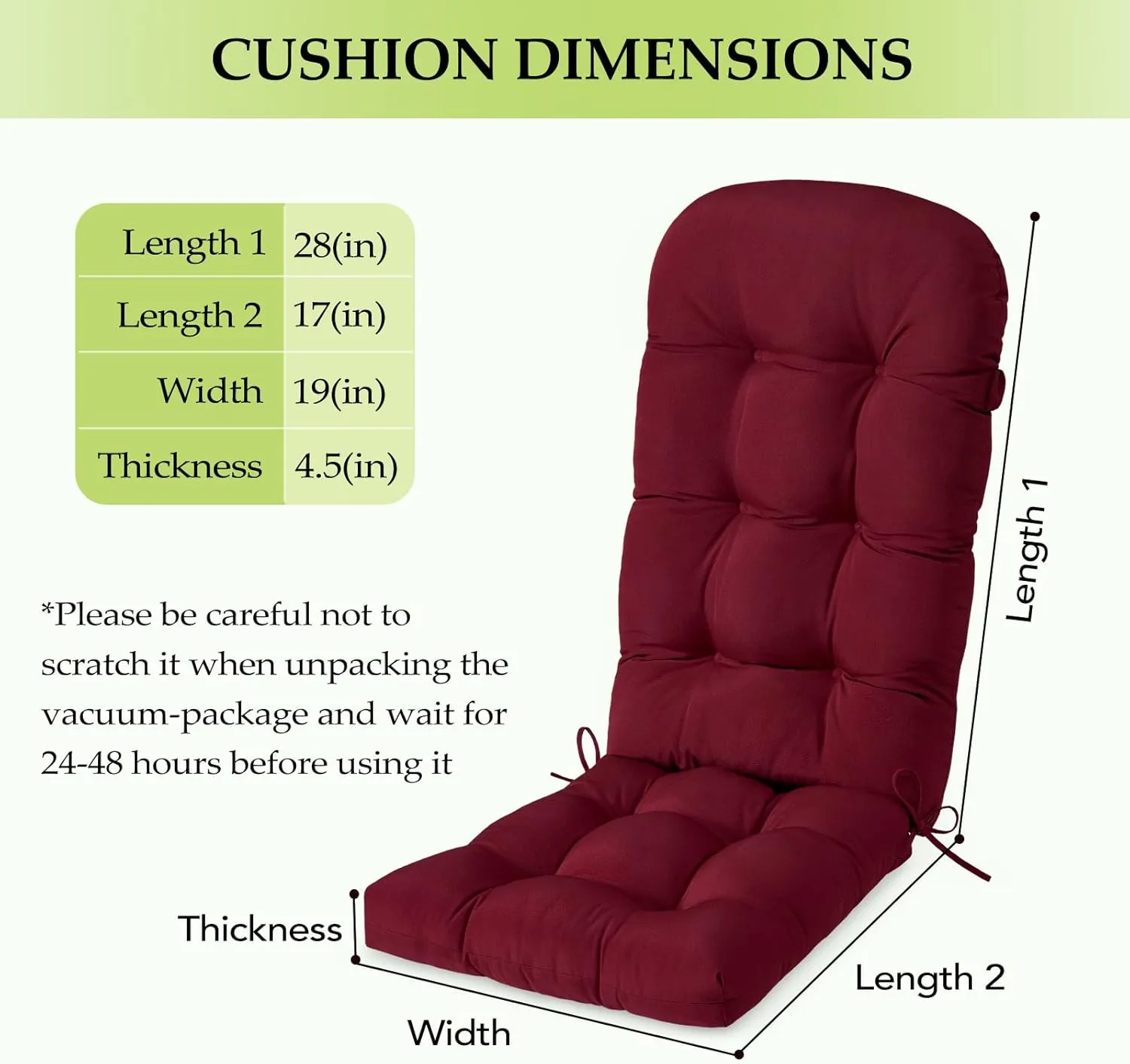 HARBOREST Indoor/Outdoor Adirondack Chair Cushion, Tufted High Back Outdoor Chair Cushions, High Rebound Foam Adirondack Cushions with Non-Skid Ties, 45"x19"x4.5", Burgundy