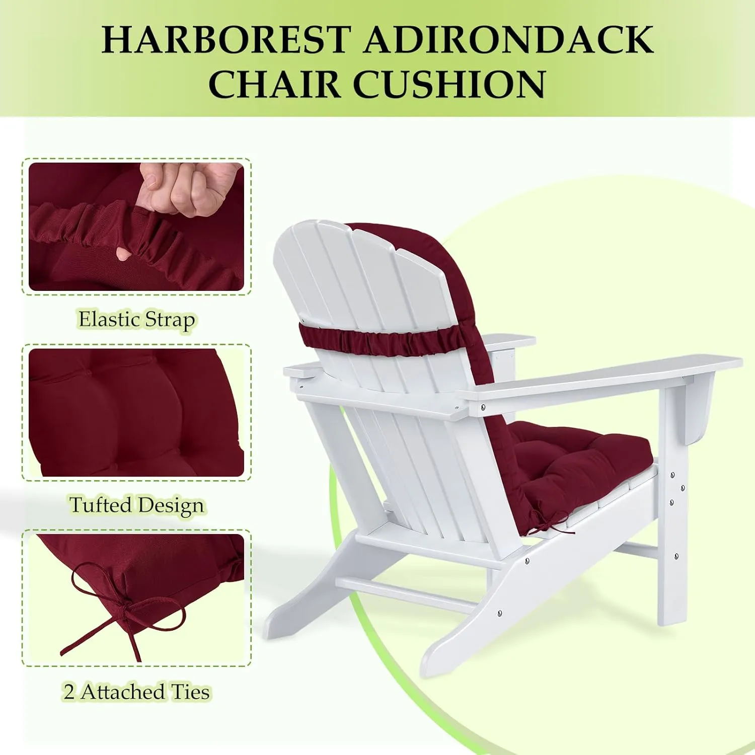 HARBOREST Indoor/Outdoor Adirondack Chair Cushion, Tufted High Back Outdoor Chair Cushions, High Rebound Foam Adirondack Cushions with Non-Skid Ties, 45"x19"x4.5", Burgundy