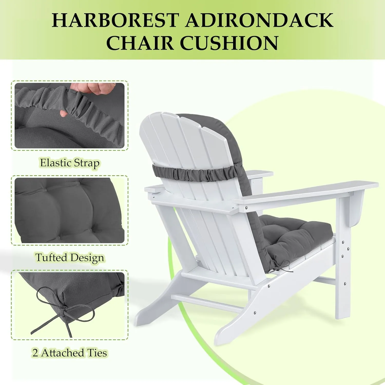 HARBOREST Indoor/Outdoor Adirondack Chair Cushion, Tufted High Back Outdoor Chair Cushions, High Rebound Foam Adirondack Cushions with Non-Skid Ties, 45"x19"x4.5", Dark Grey
