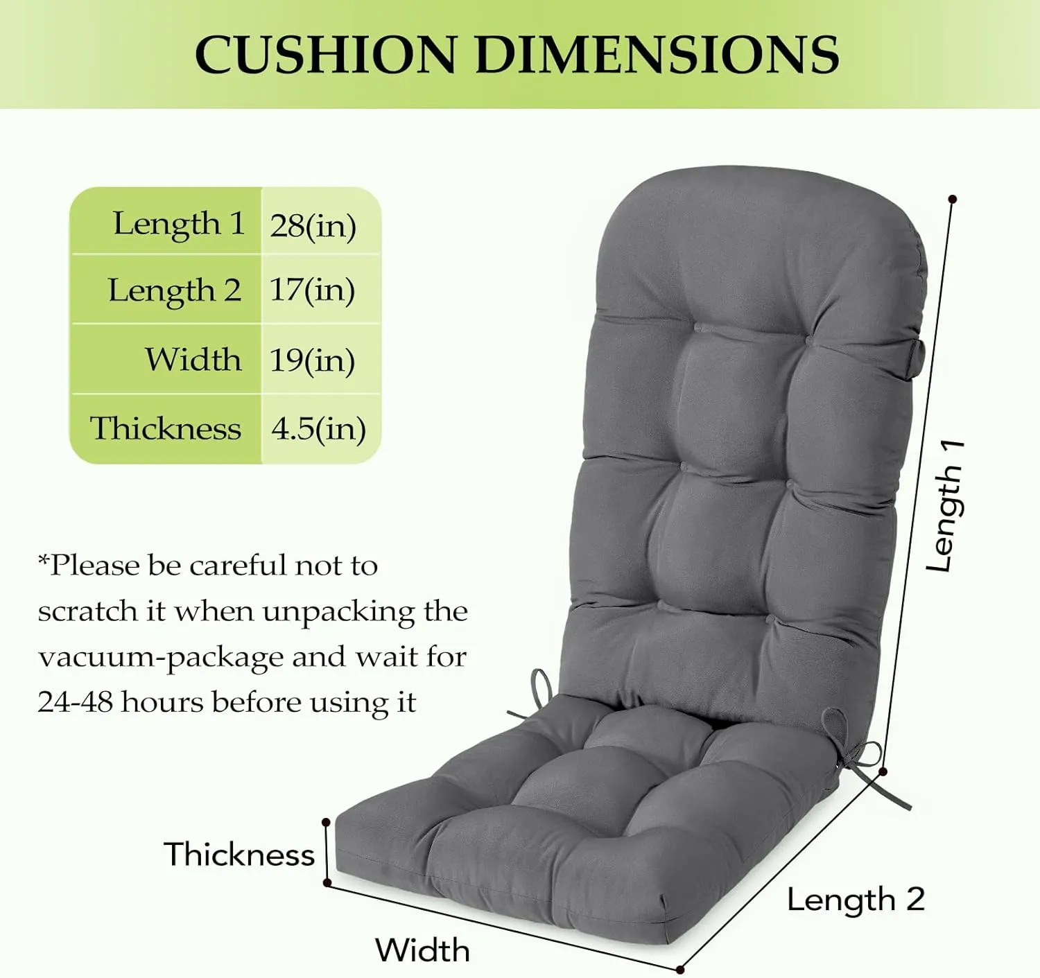 HARBOREST Indoor/Outdoor Adirondack Chair Cushion, Tufted High Back Outdoor Chair Cushions, High Rebound Foam Adirondack Cushions with Non-Skid Ties, 45"x19"x4.5", Dark Grey