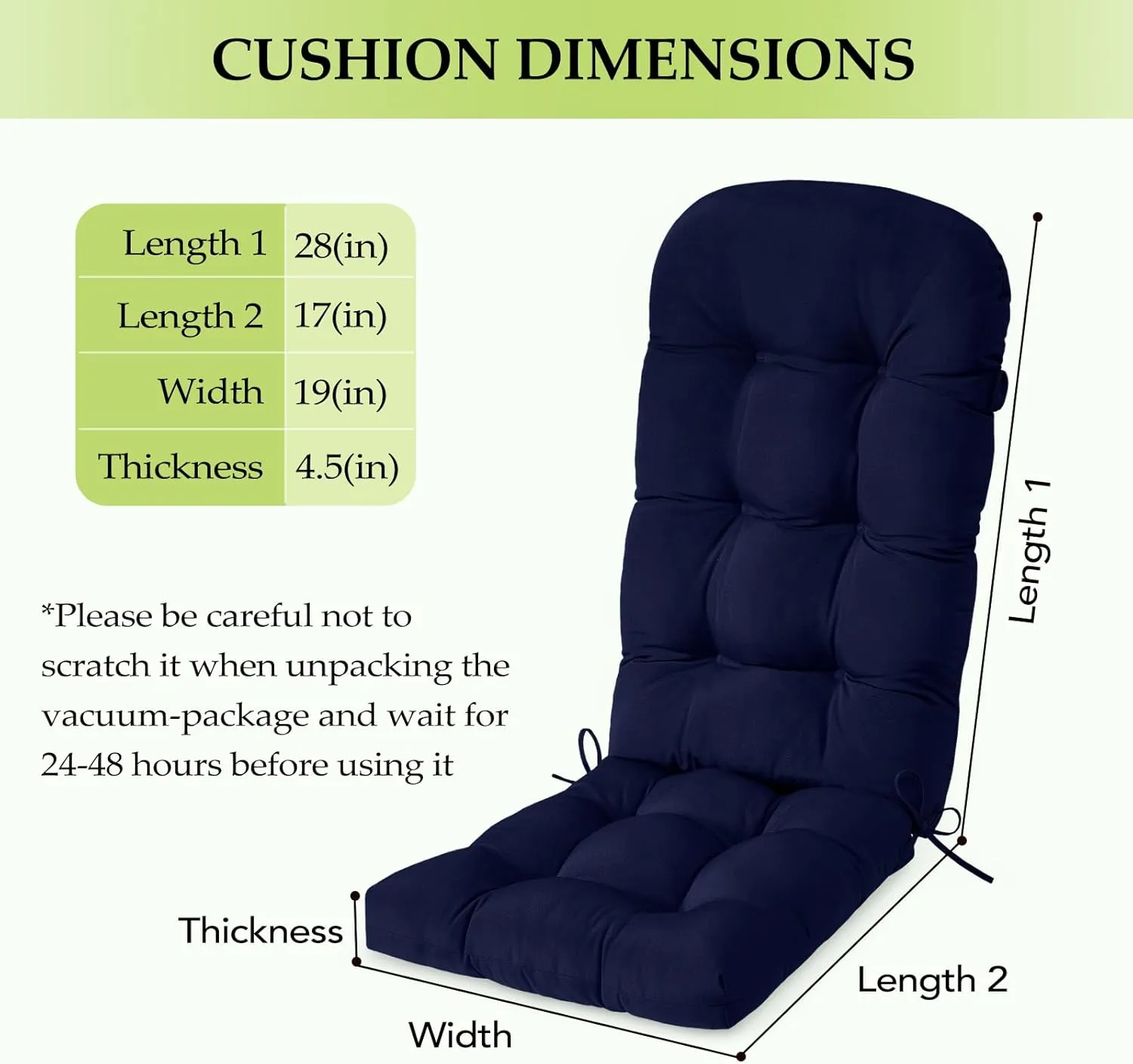 HARBOREST Indoor/Outdoor Adirondack Chair Cushion, Tufted High Back Outdoor Chair Cushions, High Rebound Foam Adirondack Cushions with Non-Skid Ties, 45"x19"x4.5", Navy