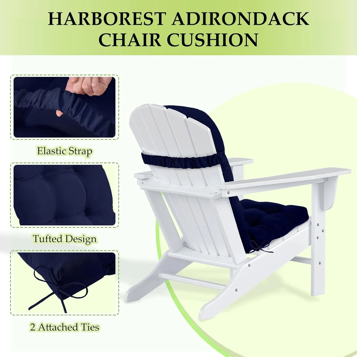HARBOREST Indoor/Outdoor Adirondack Chair Cushion, Tufted High Back Outdoor Chair Cushions, High Rebound Foam Adirondack Cushions with Non-Skid Ties, 45"x19"x4.5", Navy