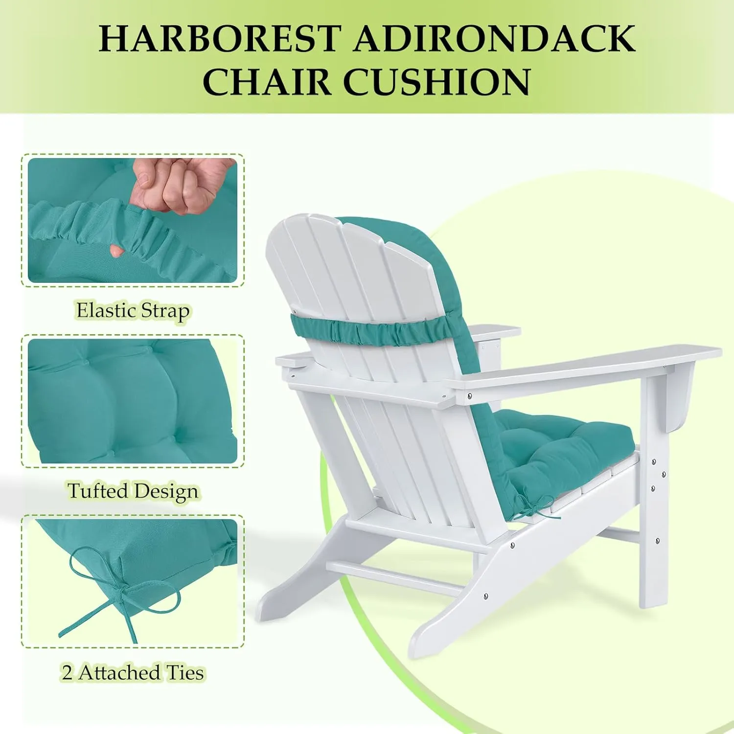 HARBOREST Indoor/Outdoor Adirondack Chair Cushion, Tufted High Back Outdoor Chair Cushions, High Rebound Foam Adirondack Cushions with Non-Skid Ties, 45"x19"x4.5", Teal