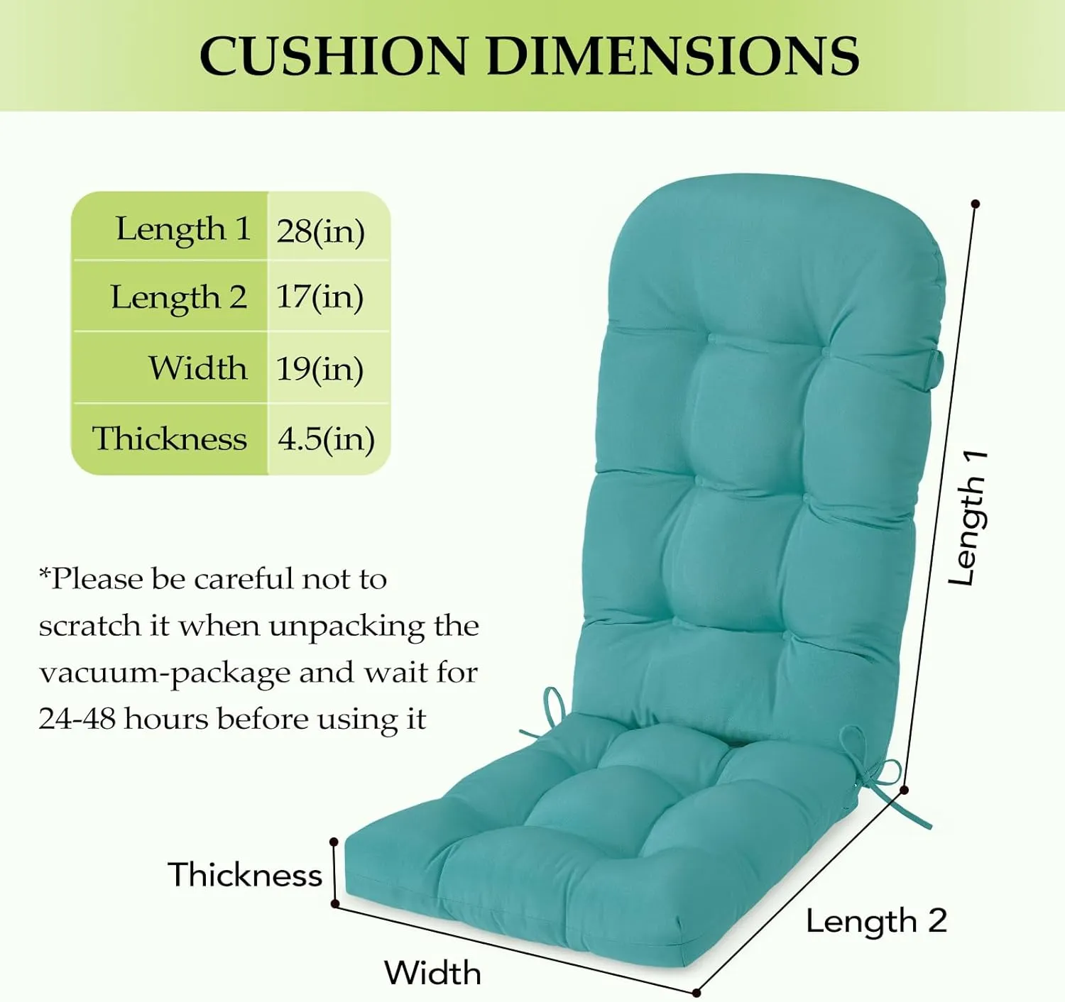 HARBOREST Indoor/Outdoor Adirondack Chair Cushion, Tufted High Back Outdoor Chair Cushions, High Rebound Foam Adirondack Cushions with Non-Skid Ties, 45"x19"x4.5", Teal