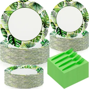 Havawish 240 Pcs Summer Hawaii Paper Tableware Napkins Beach Party Supplies 9'' Disposable Plates 7'' Paper Snack Plates for Kids Birthday Beach Party Decorations, Serves 60(Green,Tropics)