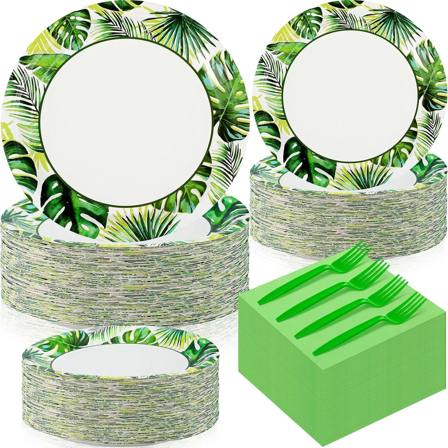 Havawish 240 Pcs Summer Hawaii Paper Tableware Napkins Beach Party Supplies 9'' Disposable Plates 7'' Paper Snack Plates for Kids Birthday Beach Party Decorations, Serves 60(Green,Tropics)