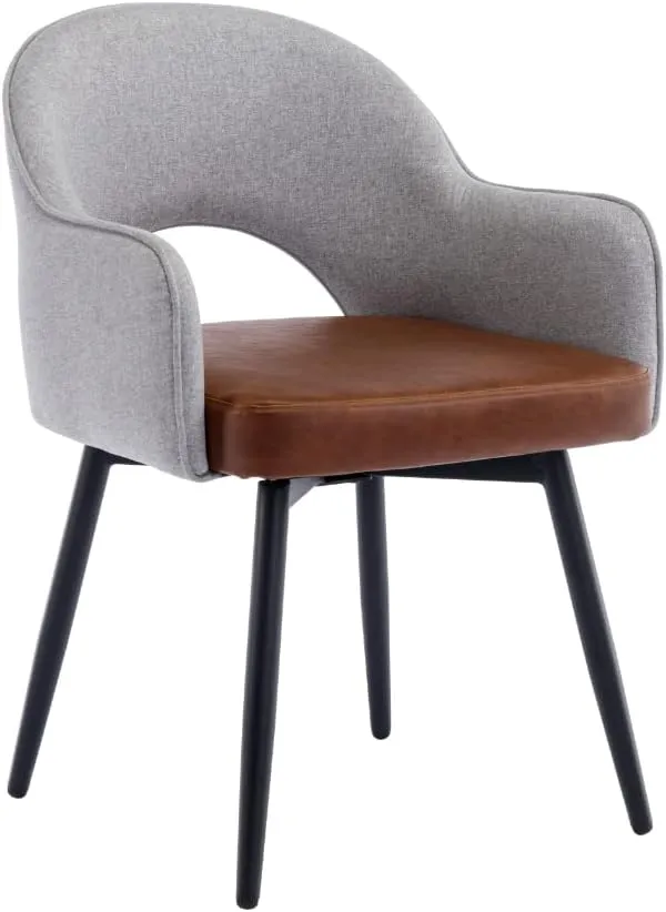 HEAH-YO Swivel Dining Chairs Set of 2, Modern Dining Room Chairs with Backrests, Upholstered Linen and PU Leather Side Arm Chairs for Dining Room, Grey