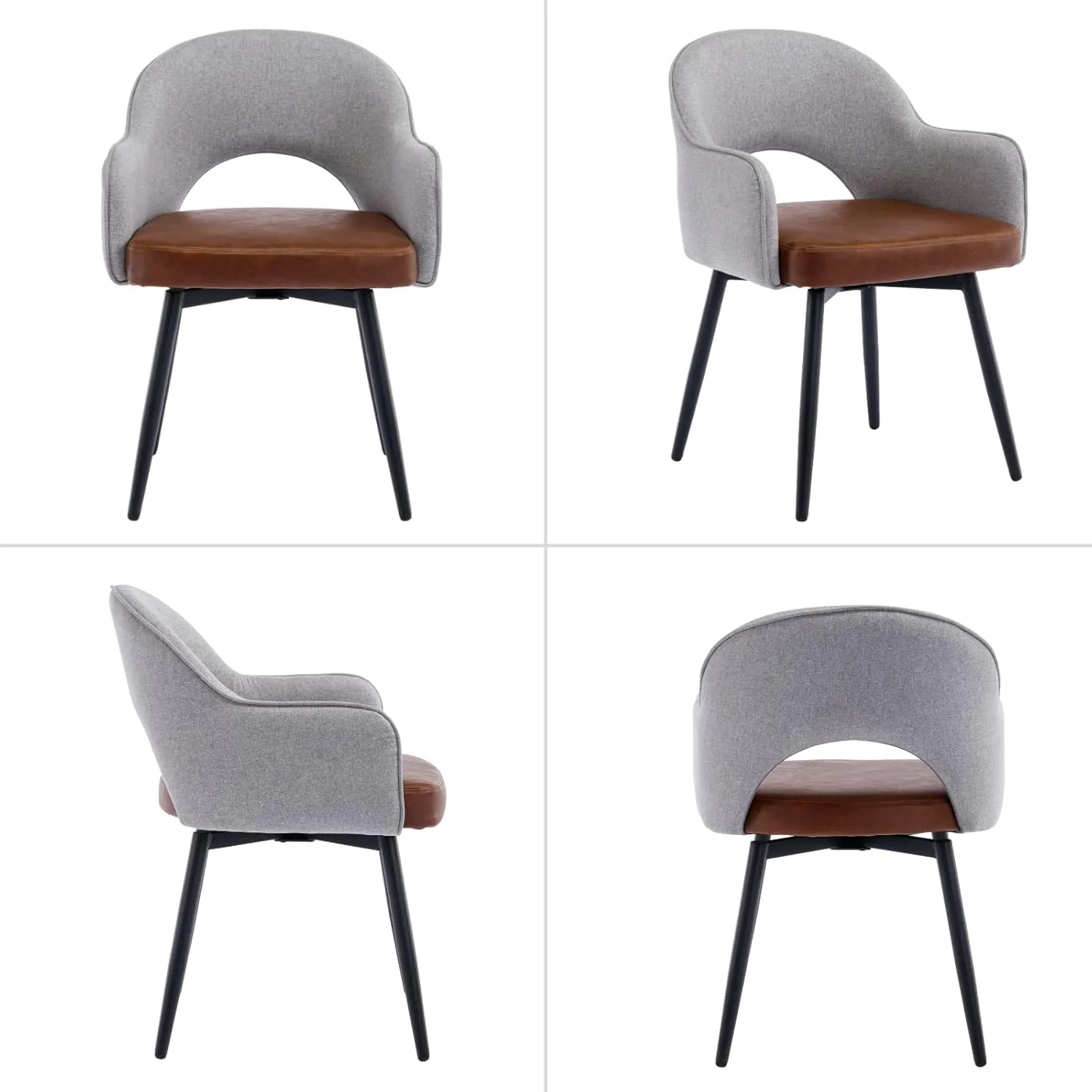 HEAH-YO Swivel Dining Chairs Set of 2, Modern Dining Room Chairs with Backrests, Upholstered Linen and PU Leather Side Arm Chairs for Dining Room, Grey