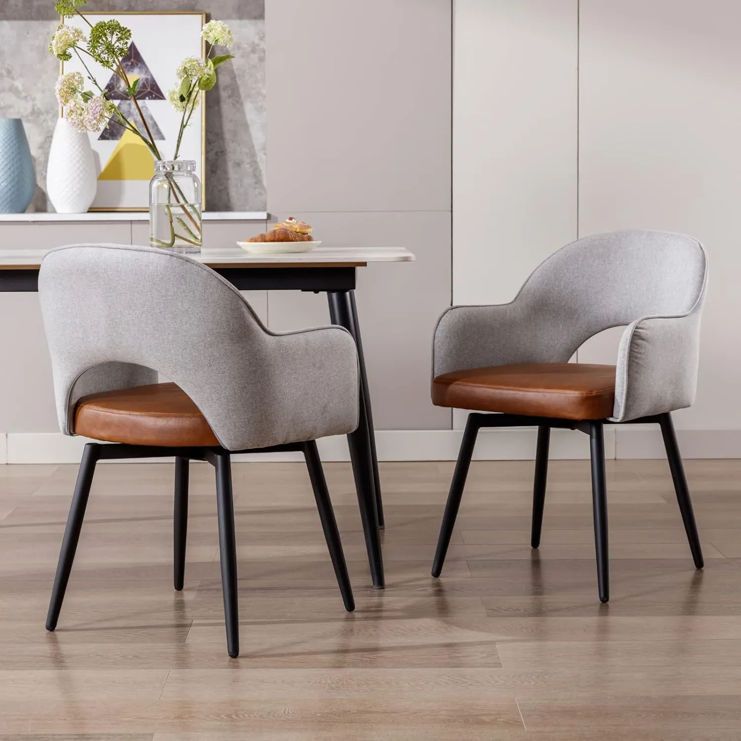 HEAH-YO Swivel Dining Chairs Set of 2, Modern Dining Room Chairs with Backrests, Upholstered Linen and PU Leather Side Arm Chairs for Dining Room, Grey