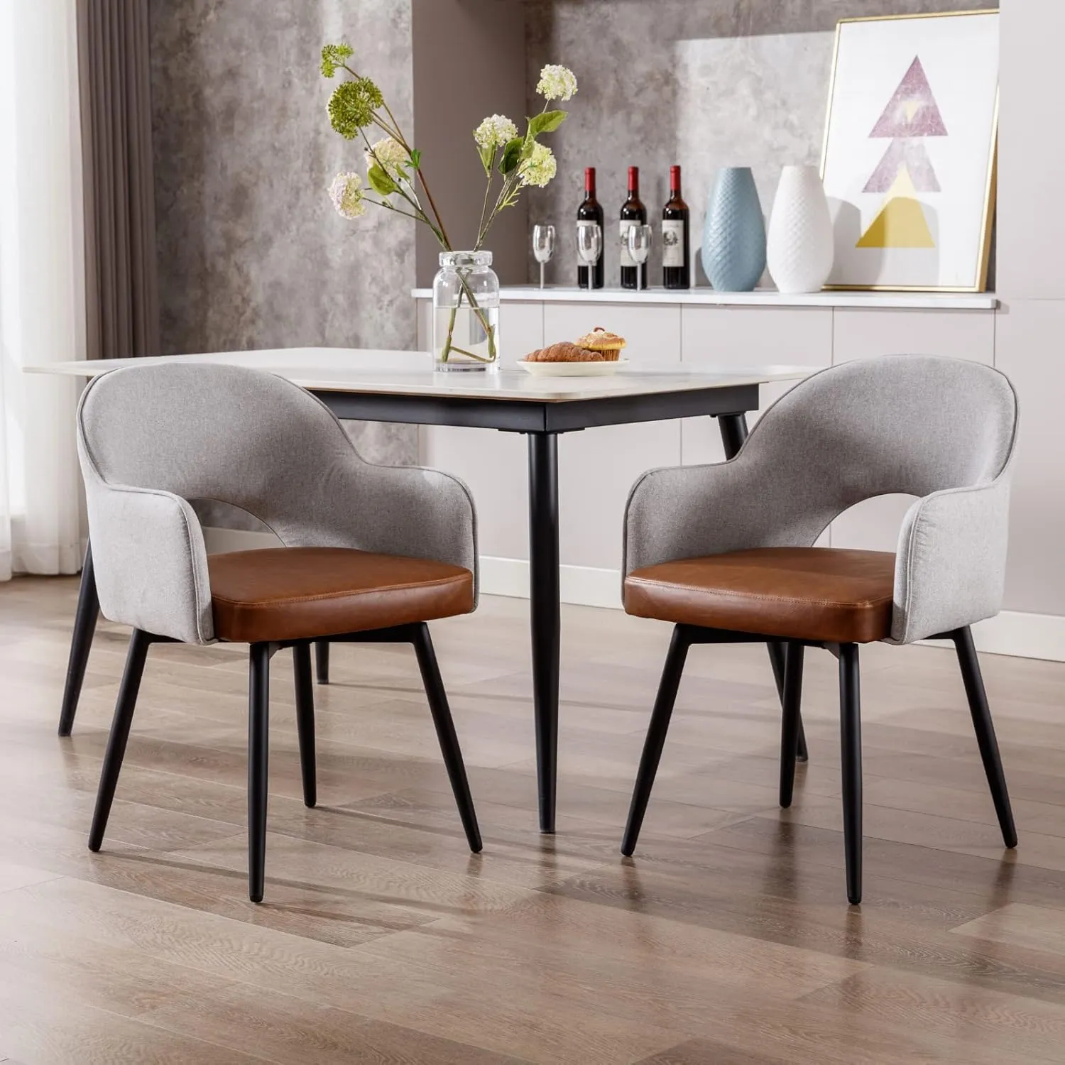 HEAH-YO Swivel Dining Chairs Set of 2, Modern Dining Room Chairs with Backrests, Upholstered Linen and PU Leather Side Arm Chairs for Dining Room, Grey