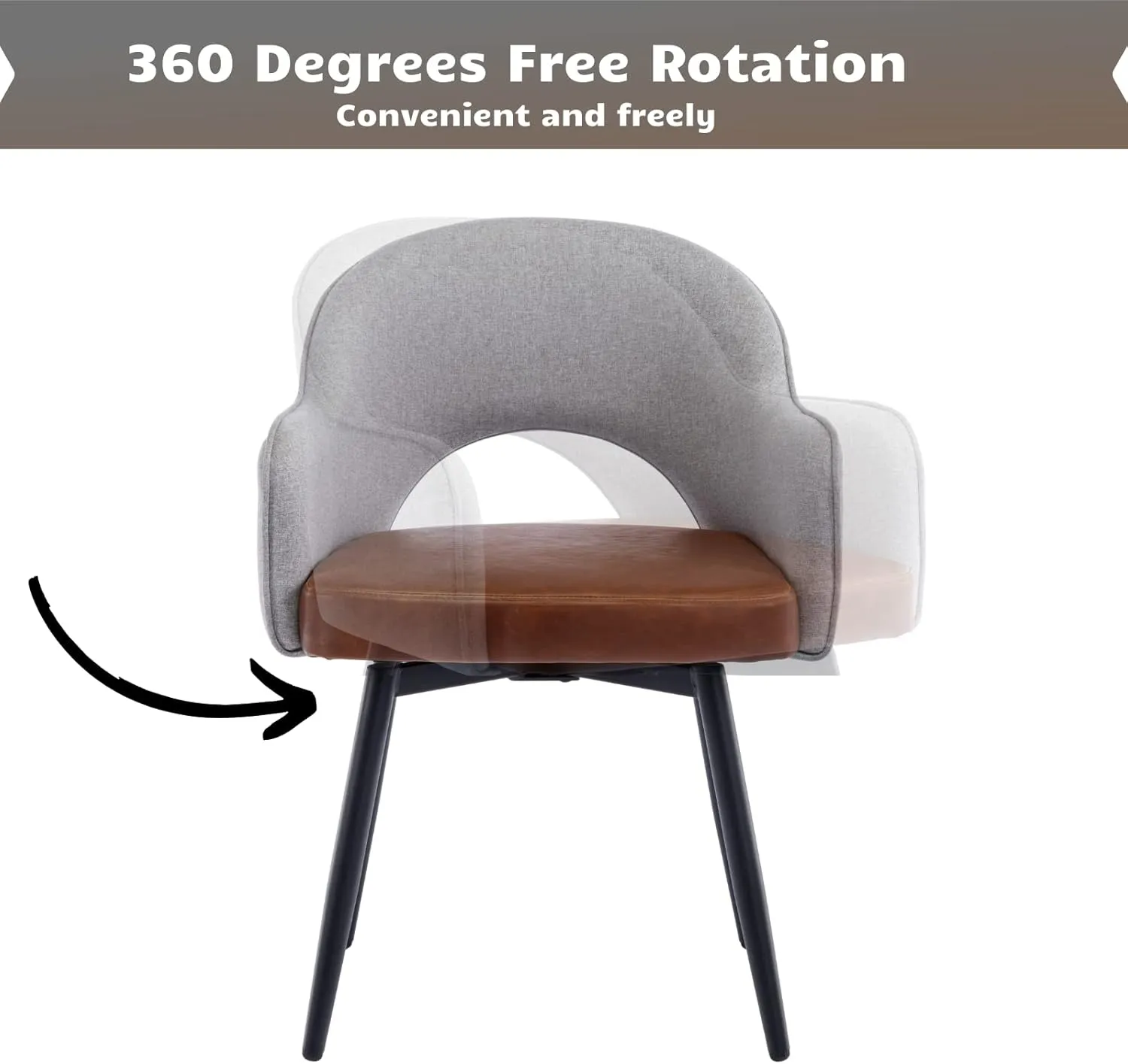 HEAH-YO Swivel Dining Chairs Set of 2, Modern Dining Room Chairs with Backrests, Upholstered Linen and PU Leather Side Arm Chairs for Dining Room, Grey