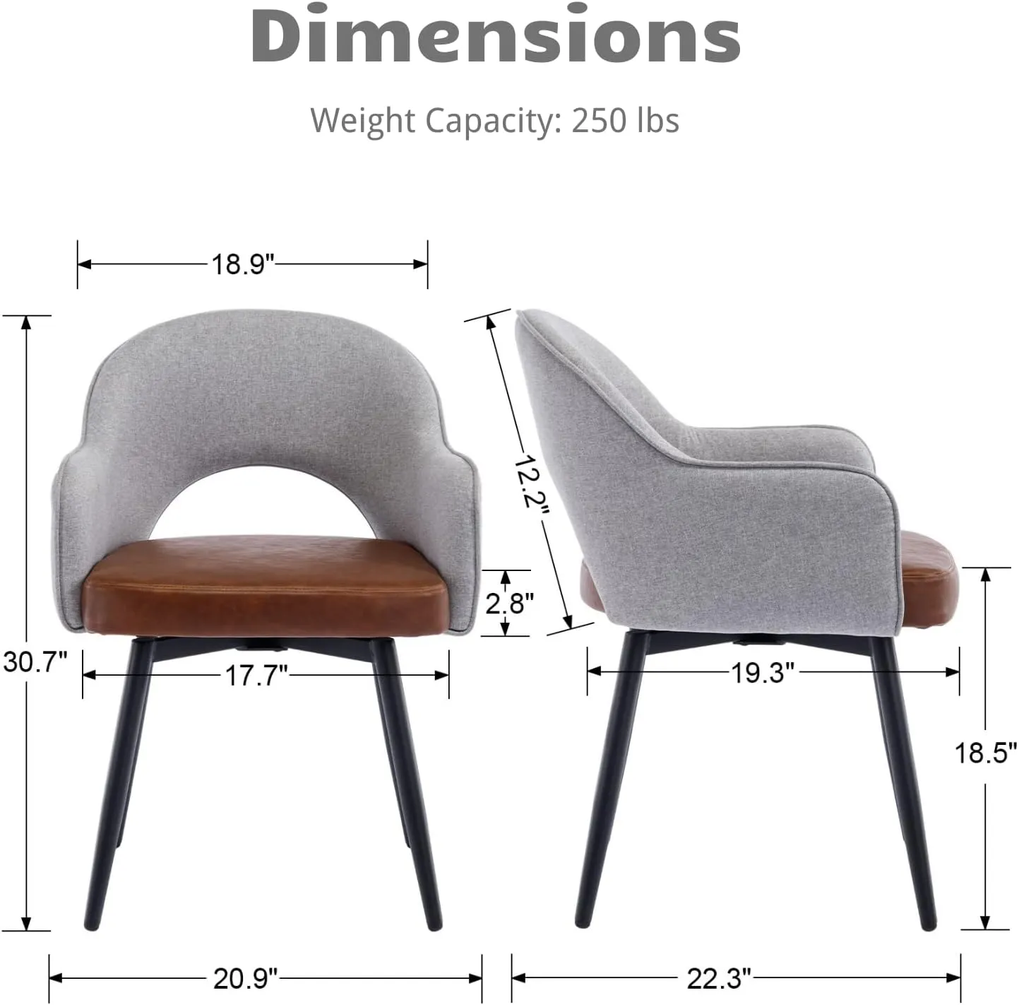 HEAH-YO Swivel Dining Chairs Set of 2, Modern Dining Room Chairs with Backrests, Upholstered Linen and PU Leather Side Arm Chairs for Dining Room, Grey