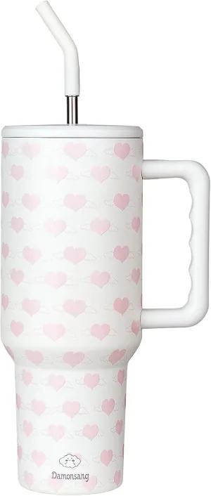 Heart 40 oz Tumbler with Handle Lid and Straw, Insulated Stainless Steel Water Bottle Iced Coffee Tumbler Cups, Cupholder Friendly Travel Mug,Perfect Gifts for Women Wife-White/Pink